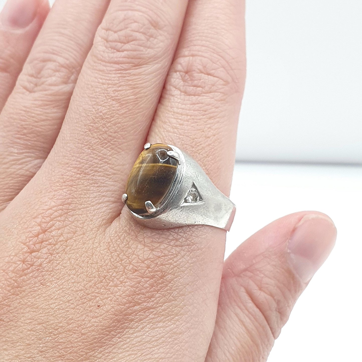 Vintage Solid Silver Tiger Eye & CZ Signet Ring Brown Gemstone Large Mens Womens Unisex Jewellery Jewelry