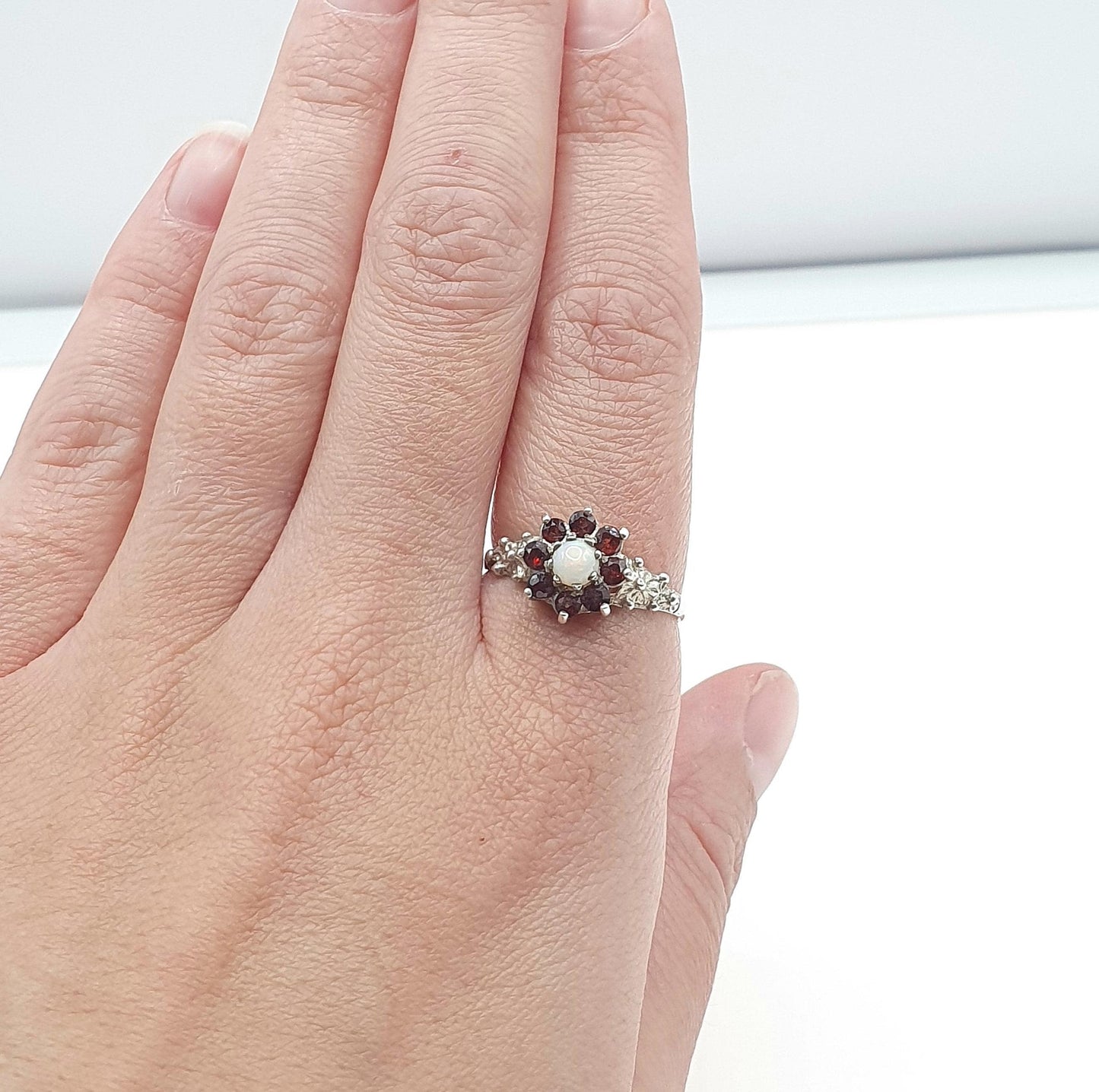 Vintage Sterling Silver Garnet & Opal Cluster Ring Red Gemstone 1979 Hallmark Womens Girls Jewelry Jewellery