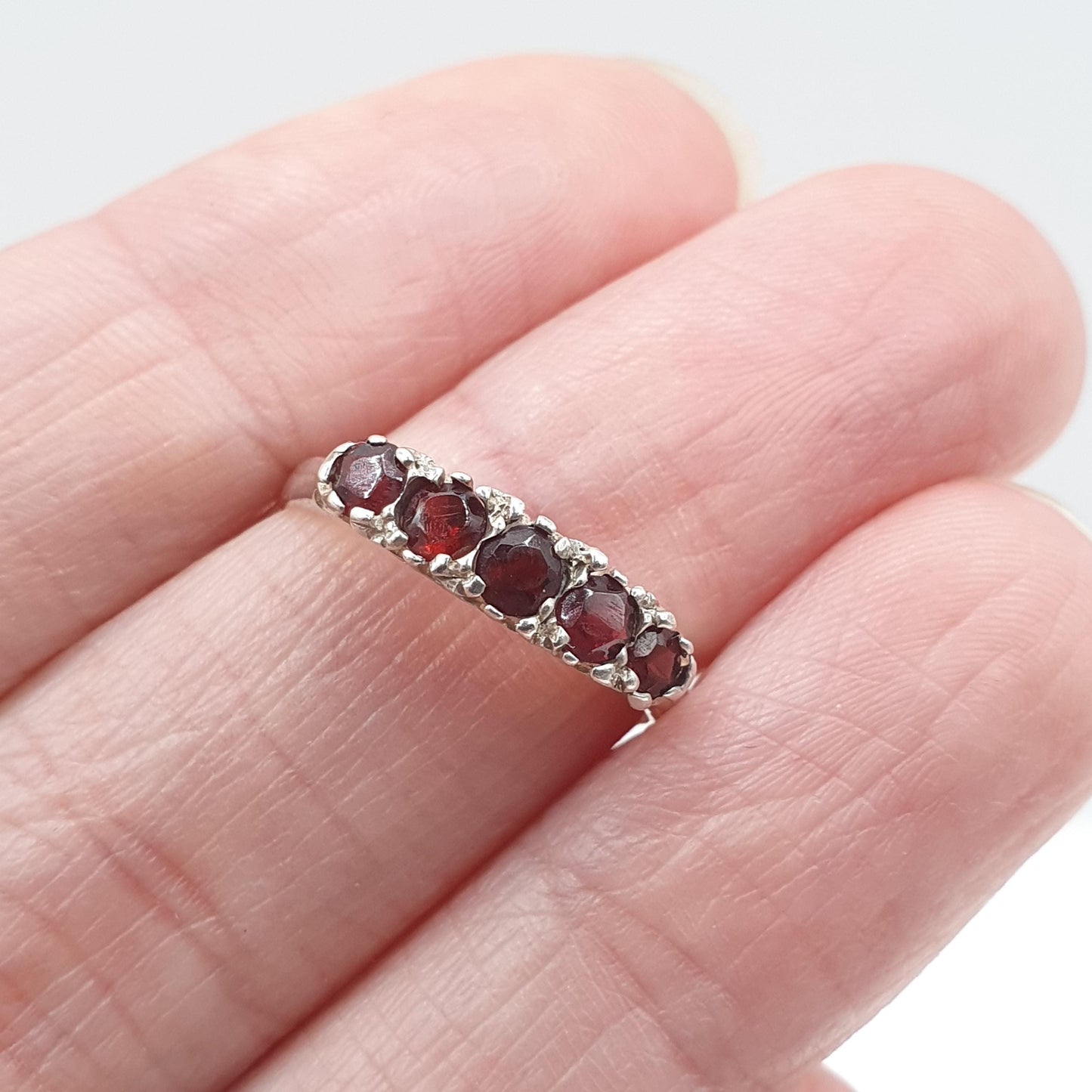 Vintage Sterling Silver Garnet Gypsy Ring Red Gemstone 5 Stone 1990s Retro Womens Jewellery Jewelry