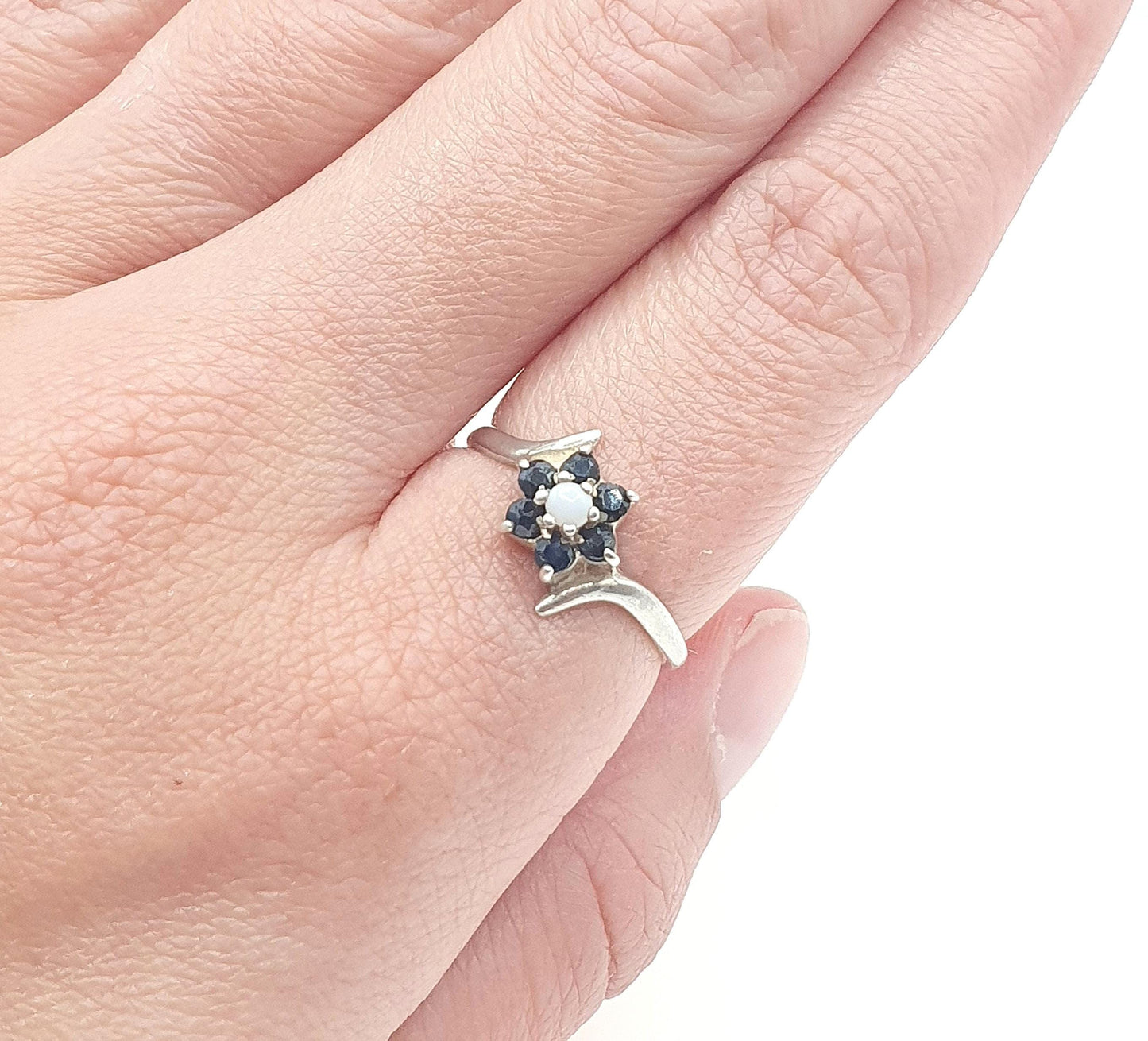 Vintage Sterling Silver Sapphire & Opal Cluster Ring Blue Gemstone Halo 1993 Hallmark Womens Girls Jewelry Jewellery