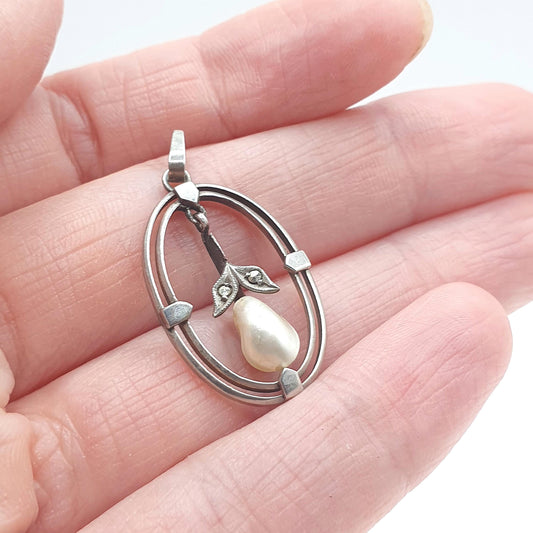 Antique Silver Tone Base Metal Freshwater Pearl and Marcasite Pendant Edwardian Vintage Womens Jewellery Jewelry