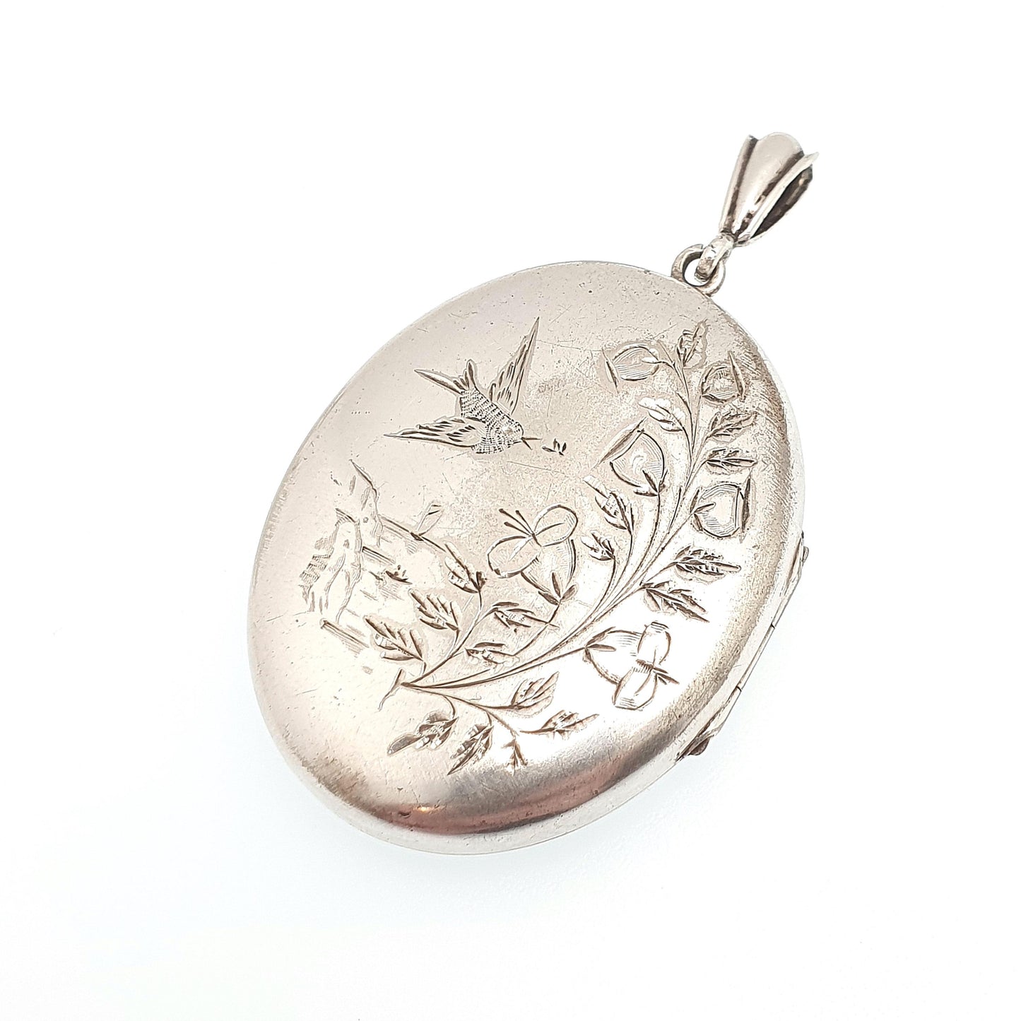 Antique Victorian Solid Silver Bird Locket Floral Flower Pendant Picture Photo Aesthetic Vintage Womens Jewelry Jewellery