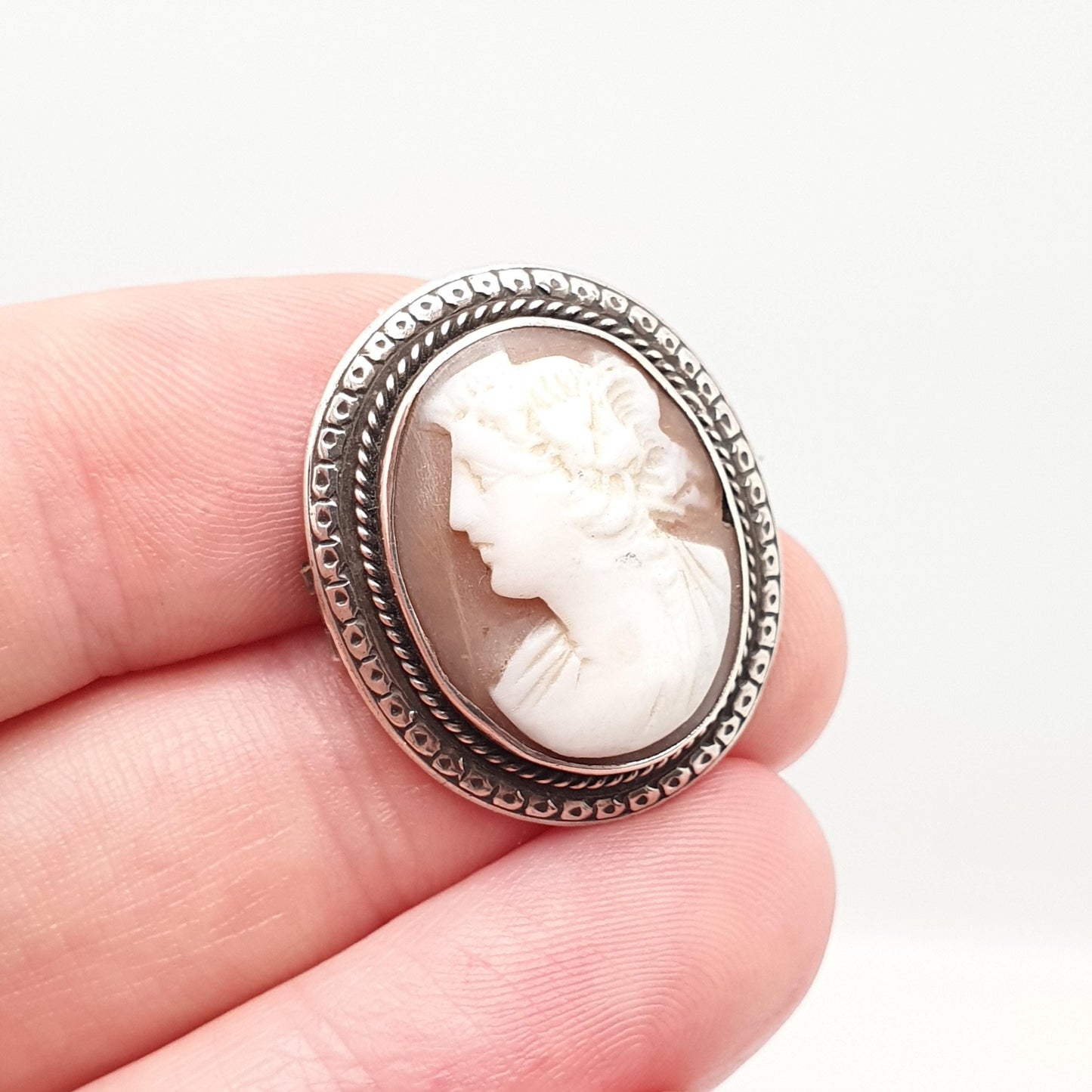Antique Victorian Cameo Solid Silver Brooch Shell Hand Engraved Vintage 1800s Womens Jewelry Jewellery