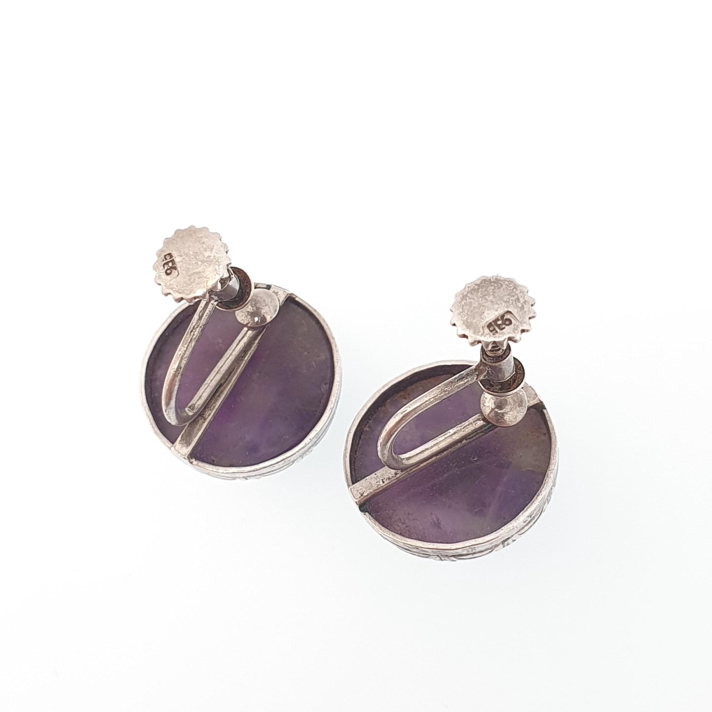 Antique Solid Silver Natural Amethyst Earrings Large Gemstone Cabochon Arts and Crafts Genuine Quartz Womens Ladies Jewelry