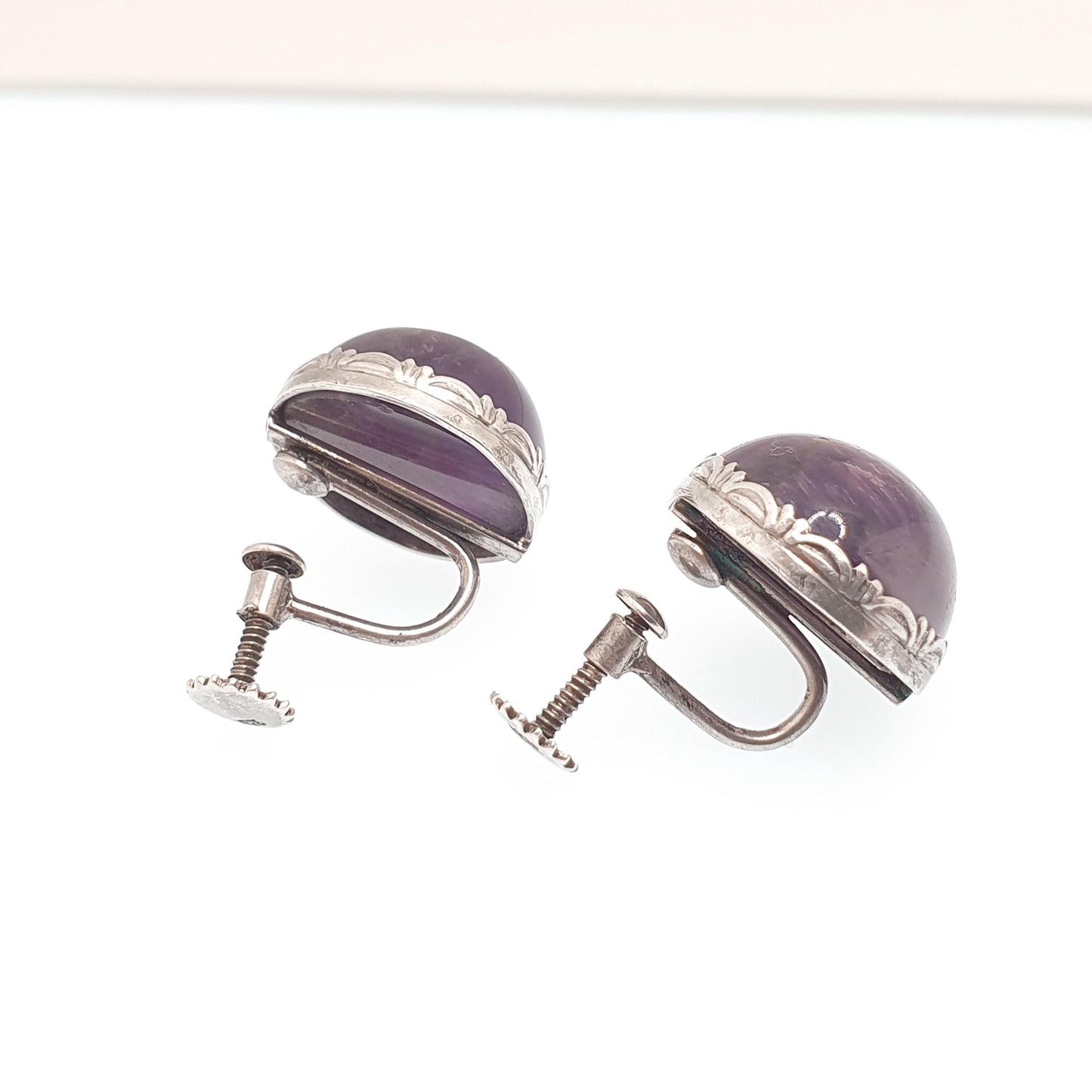 Antique Solid Silver Natural Amethyst Earrings Large Gemstone Cabochon Arts and Crafts Genuine Quartz Womens Ladies Jewelry