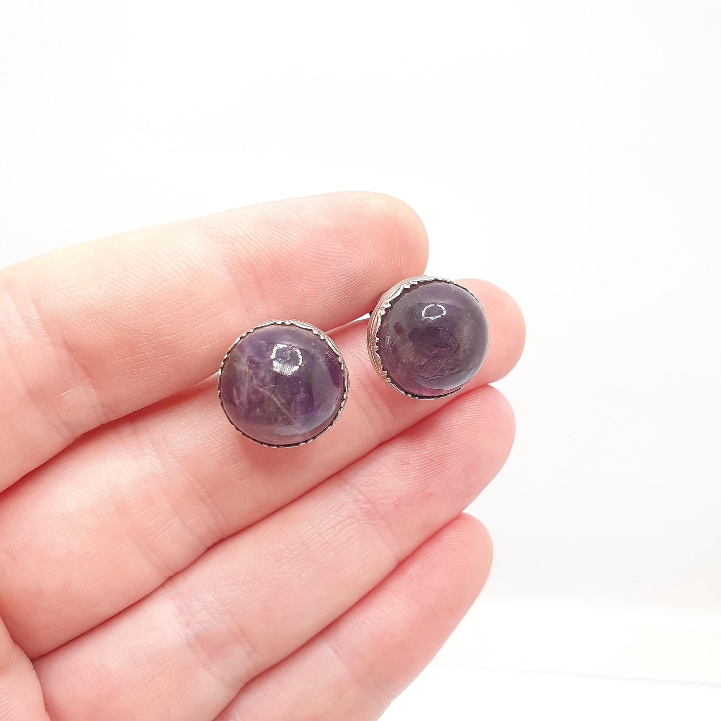 Antique Solid Silver Natural Amethyst Earrings Large Gemstone Cabochon Arts and Crafts Genuine Quartz Womens Ladies Jewelry