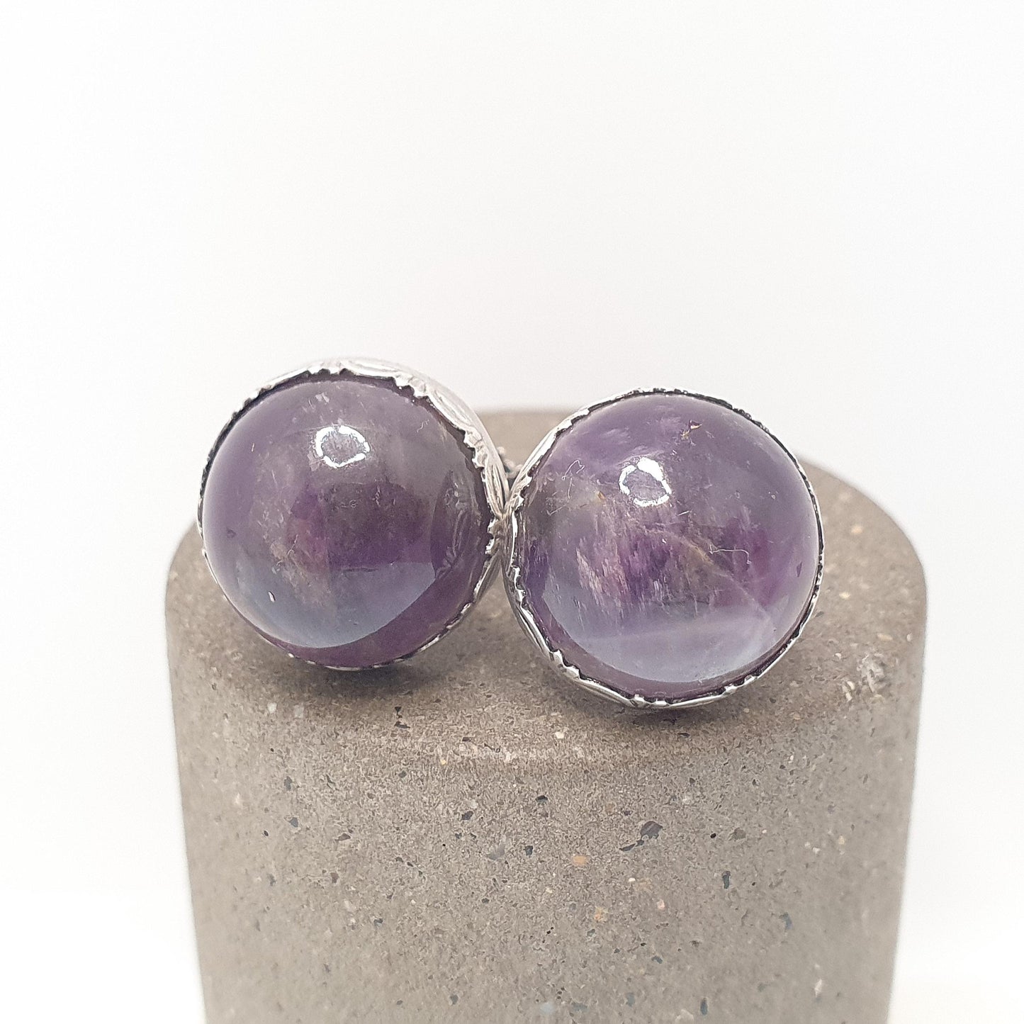 Antique Solid Silver Natural Amethyst Earrings Large Gemstone Cabochon Arts and Crafts Genuine Quartz Womens Ladies Jewelry