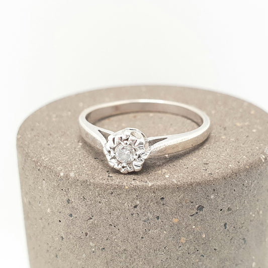 Vintage 9ct Gold Diamond Ring Solitaire Star Setting Solid 9k 375 9kt Natural Gemstone White Gold Gift Womens Jewelry Jewellery