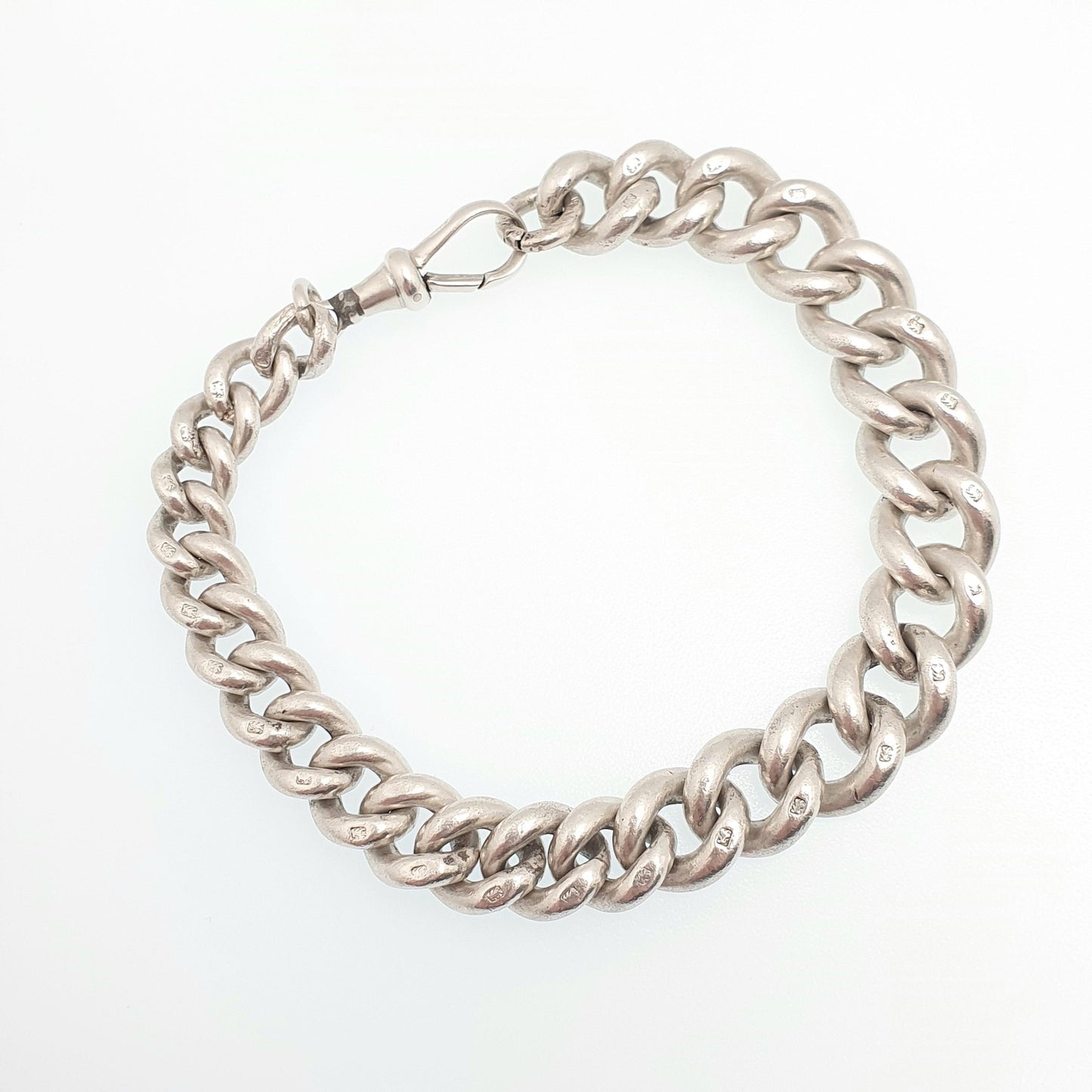 Antique Victorian Sterling Silver Albert Chain Bracelet Heavy Large Big 1891 Hallmark Curb Link Graduating Dog Clip 55.88g 22cm 8.6" Womens