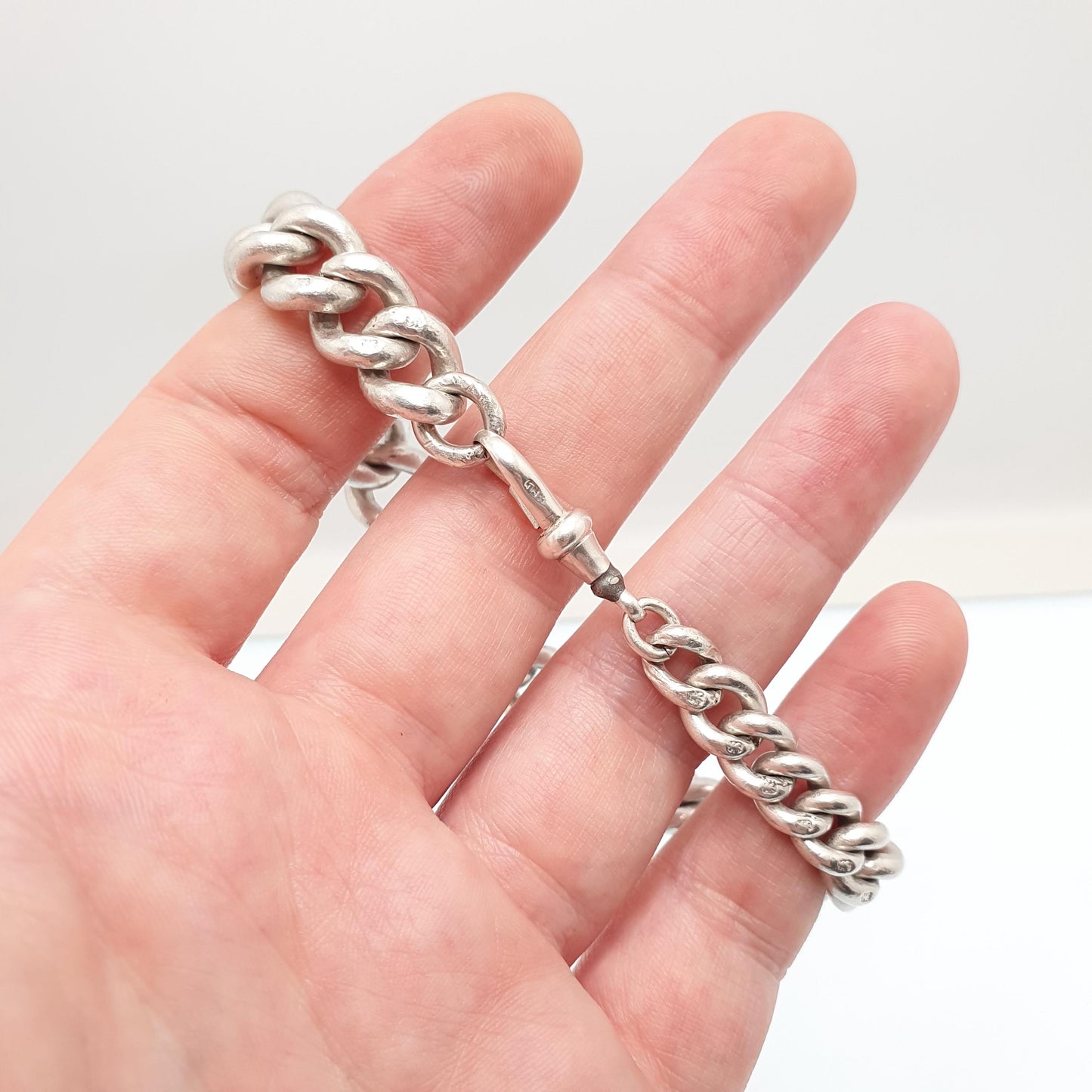 Antique Victorian Sterling Silver Albert Chain Bracelet Heavy Large Big 1891 Hallmark Curb Link Graduating Dog Clip 55.88g 22cm 8.6" Womens