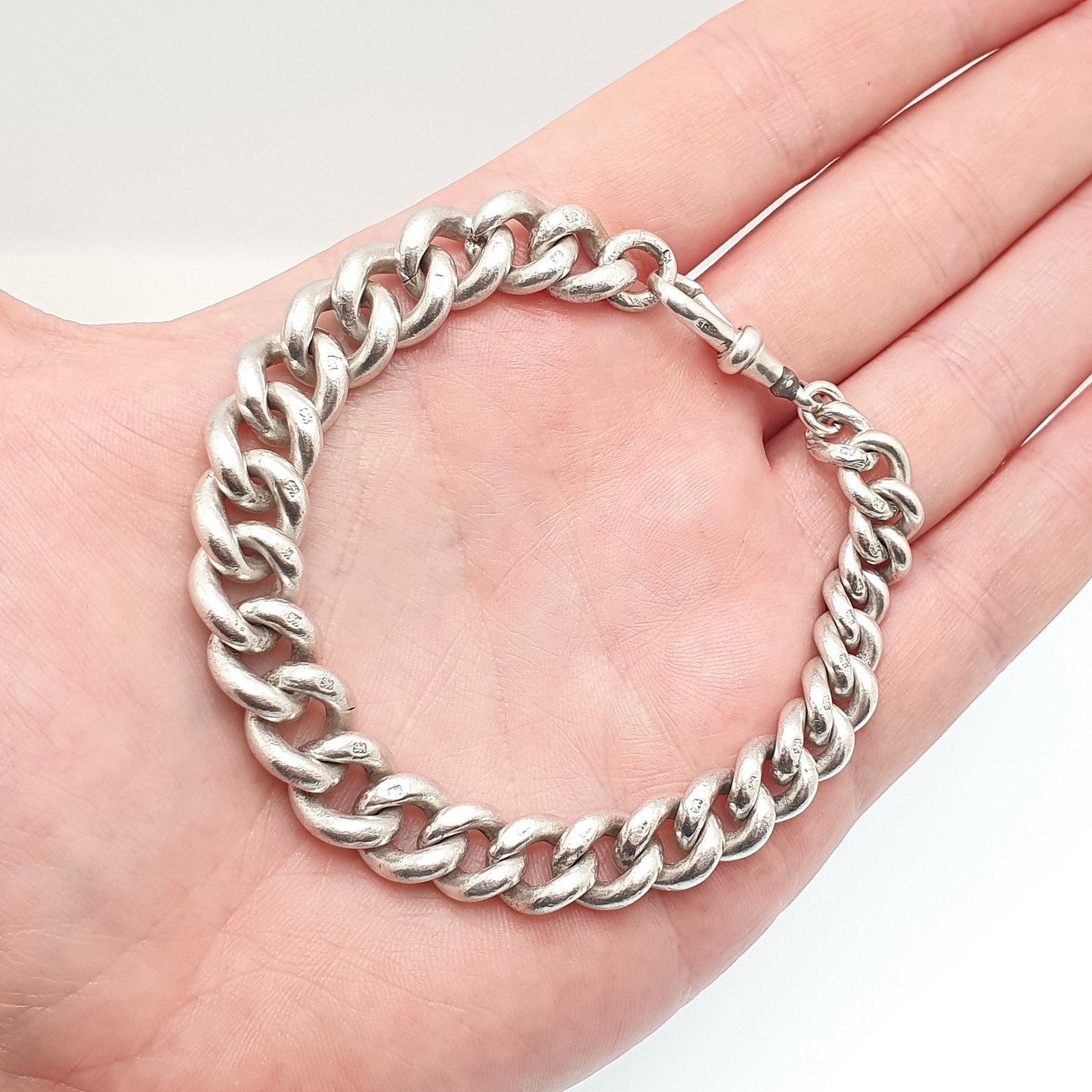 Antique Victorian Sterling Silver Albert Chain Bracelet Heavy Large Big 1891 Hallmark Curb Link Graduating Dog Clip 55.88g 22cm 8.6" Womens