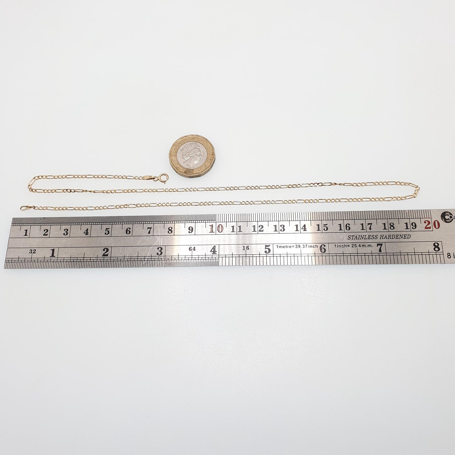 Vintage 9k 9ct 375 Gold Figaro Link Chain Necklace 46cm 18.1" 1.27g Solid 9 Carat Curb Links Yellow Womens Mens Jewellery Jewelry