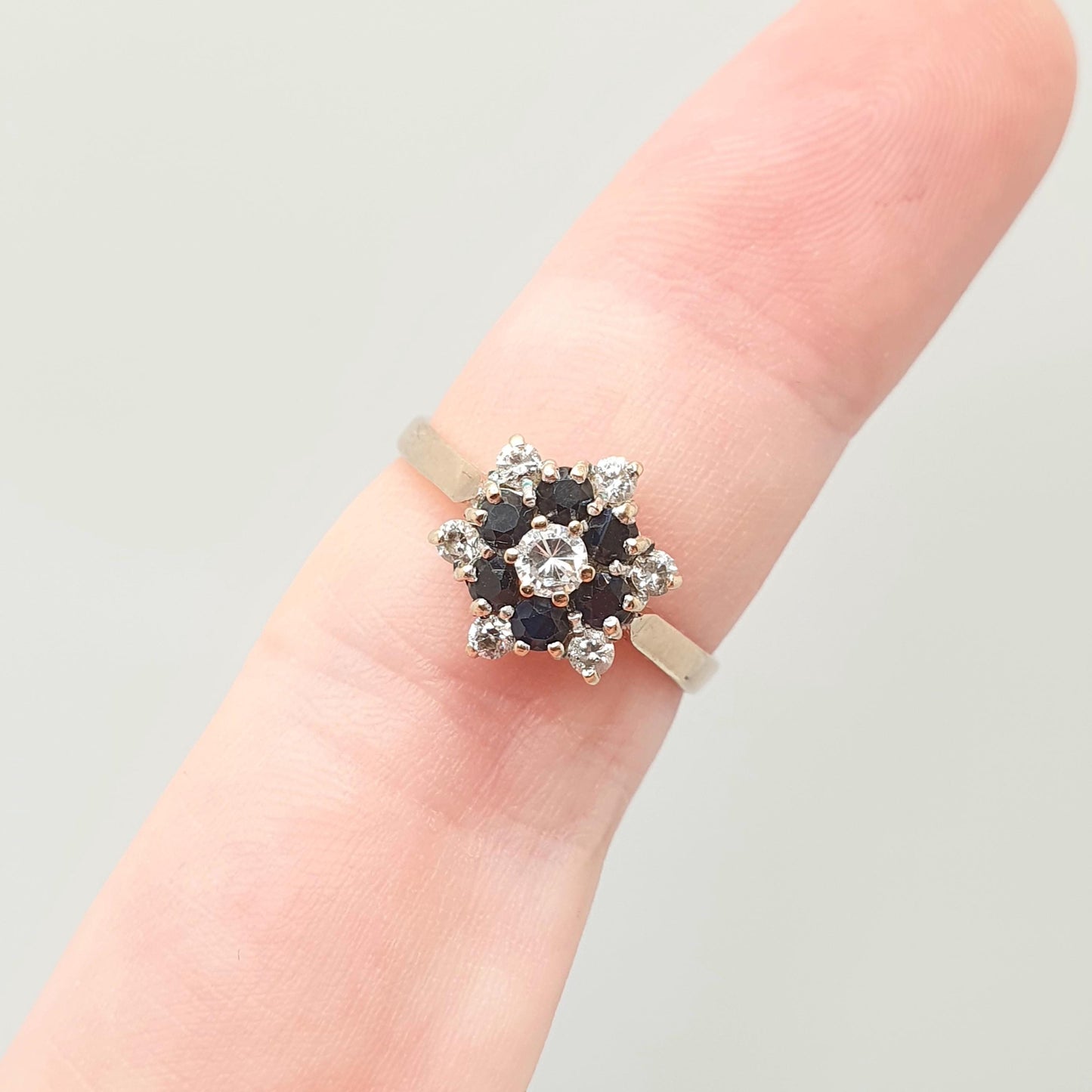 Vintage 9ct 9kt Gold Sapphire Halo Ring CZ Cluster Large Big Dark Blue Sparkly Gemstone Solid Yellow 375 Retro Womens Jewelry Jewellery