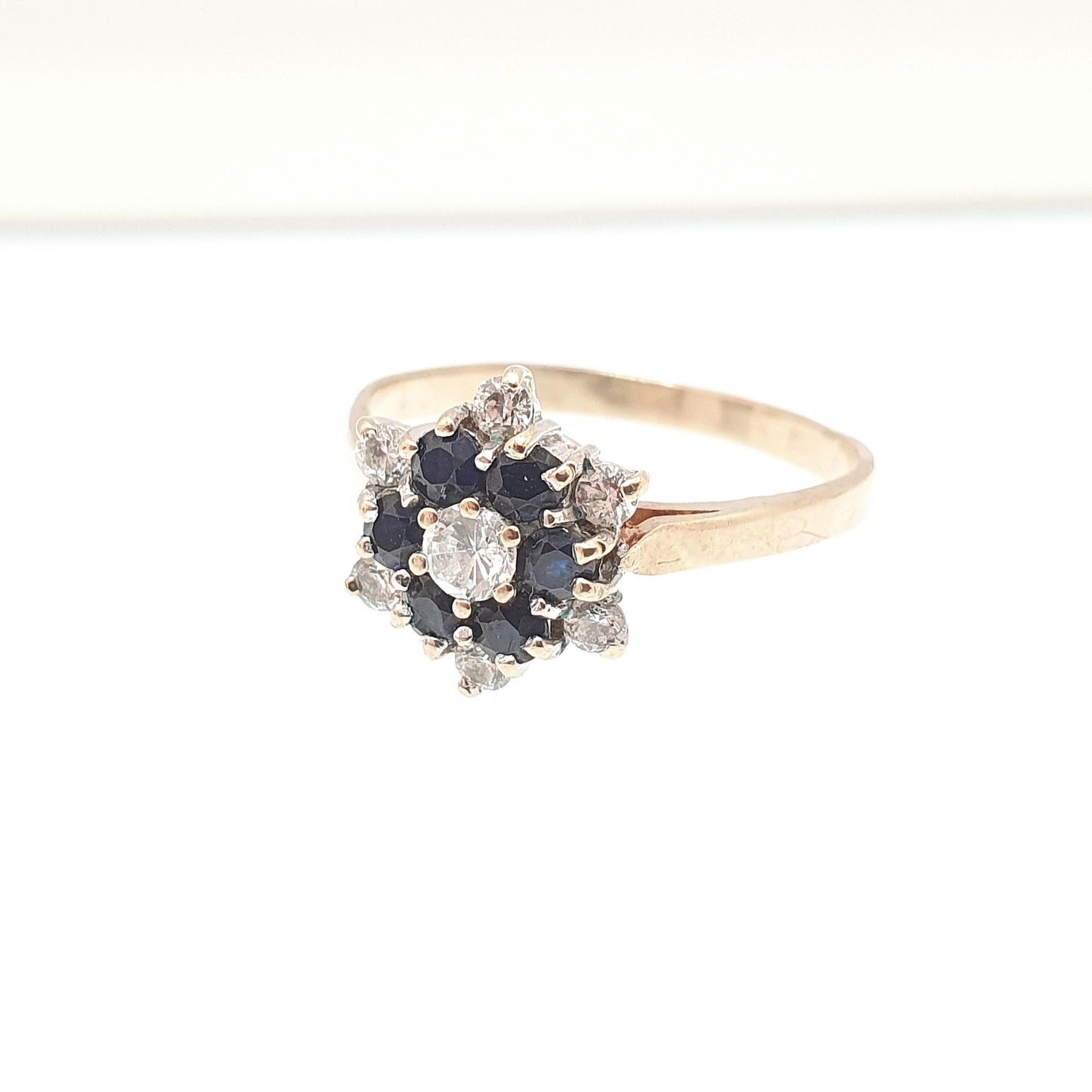 Vintage 9ct 9kt Gold Sapphire Halo Ring CZ Cluster Large Big Dark Blue Sparkly Gemstone Solid Yellow 375 Retro Womens Jewelry Jewellery