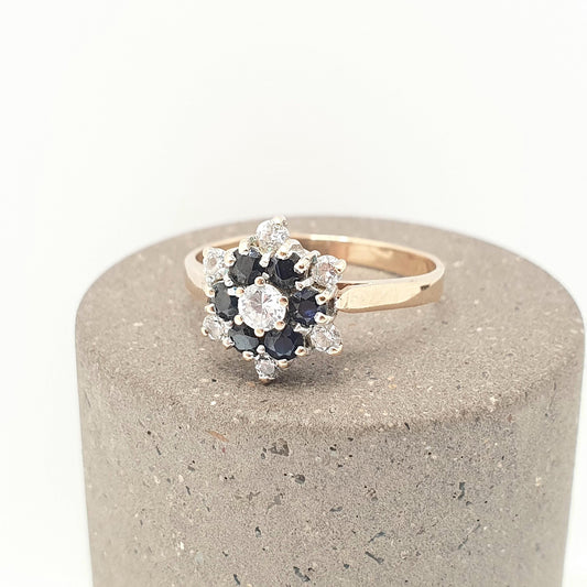 Vintage 9ct 9kt Gold Sapphire Halo Ring CZ Cluster Large Big Dark Blue Sparkly Gemstone Solid Yellow 375 Retro Womens Jewelry Jewellery