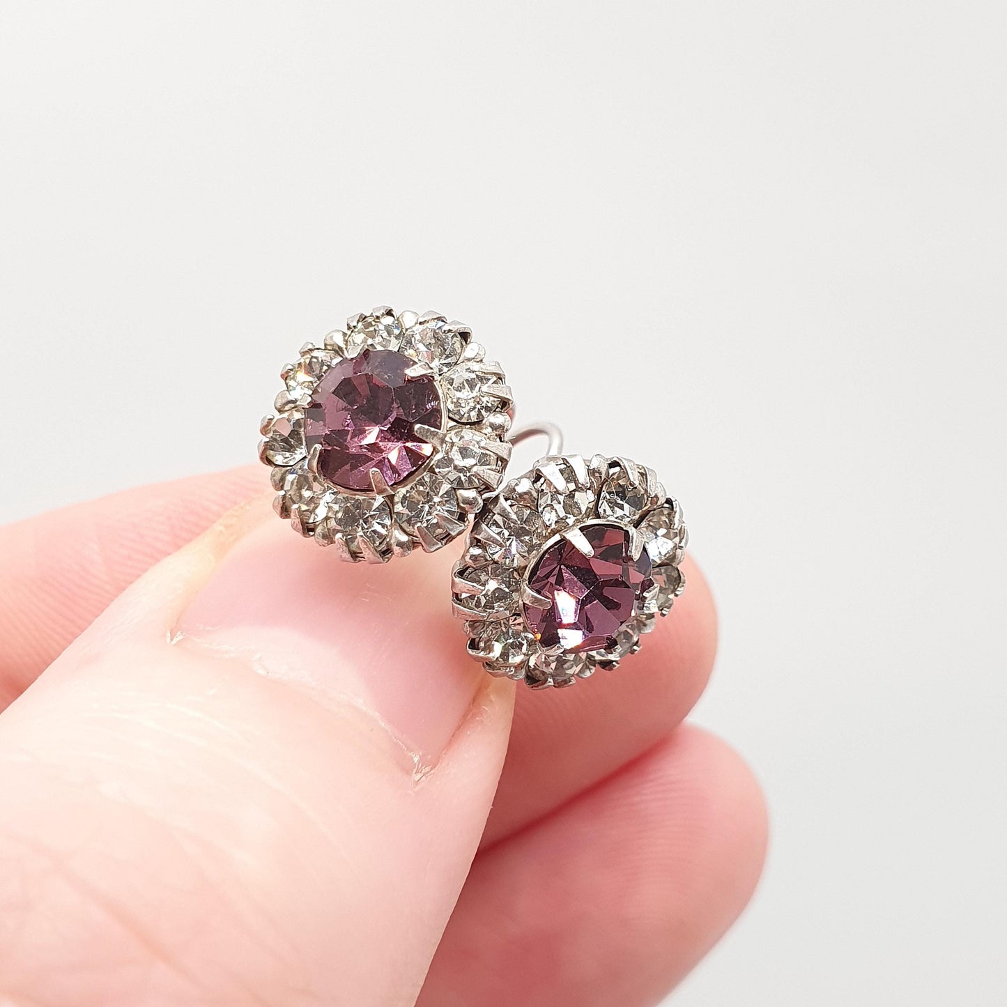 Antique Solid Silver Amethyst Paste Earrings Hook Diamond Pastes Cluster Sparkly Foiled Glass Vintage Womens Jewelry Jewellery