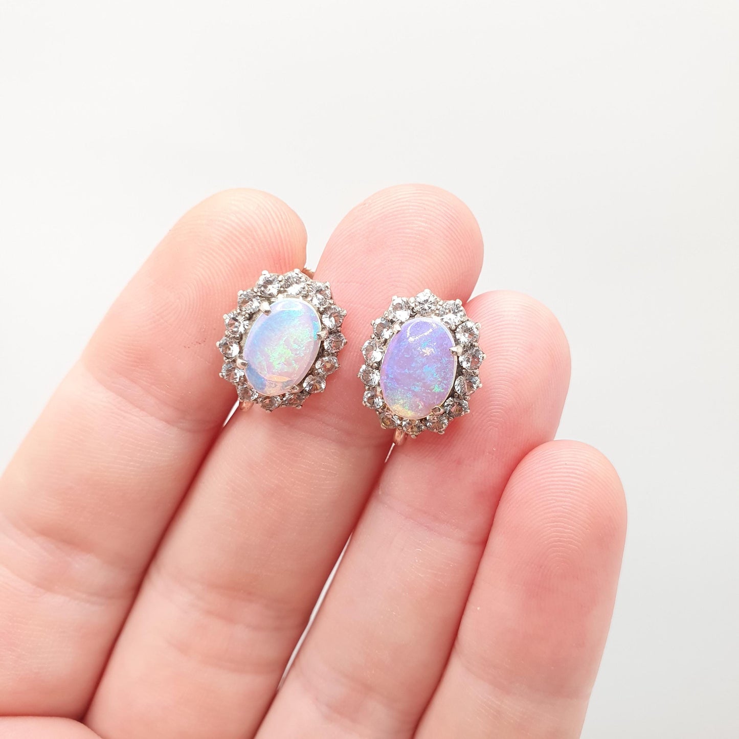 Antique Victorian Opal 9k 9ct Gold Earrings Translucent White Sapphire Cluster Halo Solid Silver Set Oval Cut Vintage Jewelry Jewellery