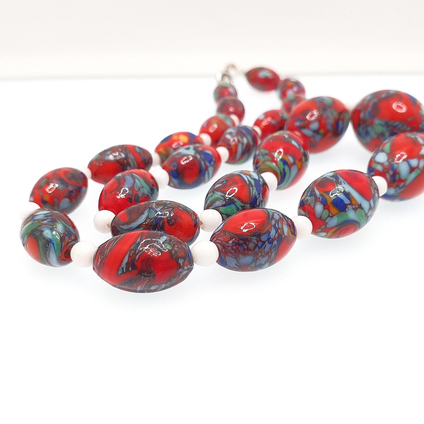 Antique Venetian Murano Glass Bead Necklace Millefiori Pebble Dash Red Blue 1920s 42cm 48.49g Venice Vintage Italian Jewelry Jewellery