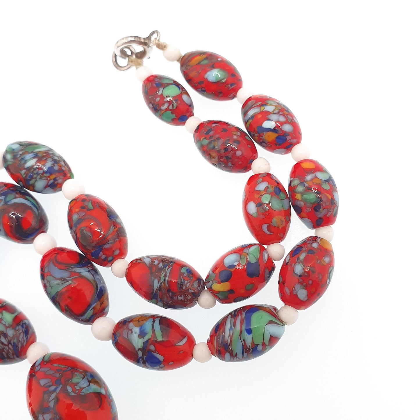 Antique Venetian Murano Glass Bead Necklace Millefiori Pebble Dash Red Blue 1920s 42cm 48.49g Venice Vintage Italian Jewelry Jewellery