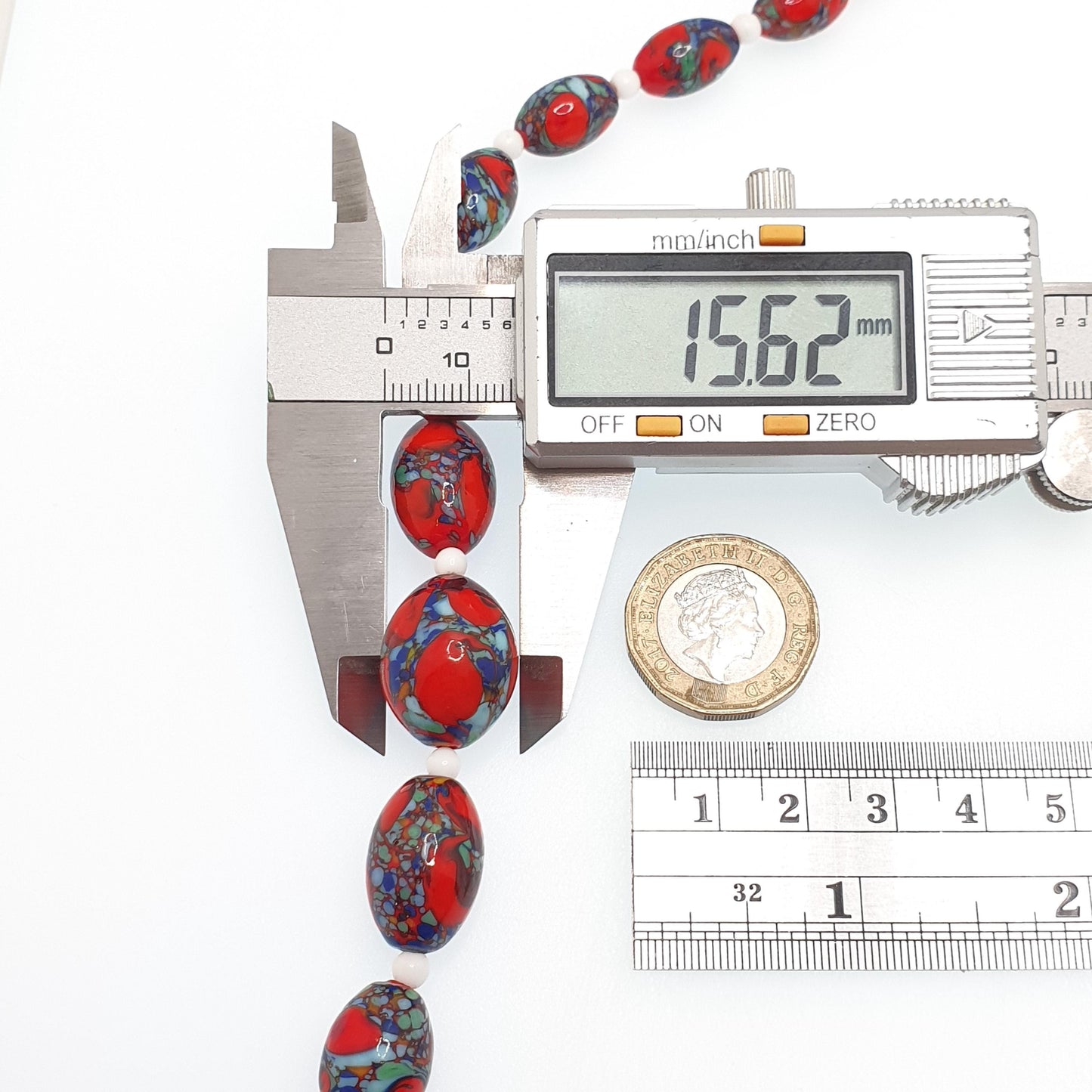 Antique Venetian Murano Glass Bead Necklace Millefiori Pebble Dash Red Blue 1920s 42cm 48.49g Venice Vintage Italian Jewelry Jewellery