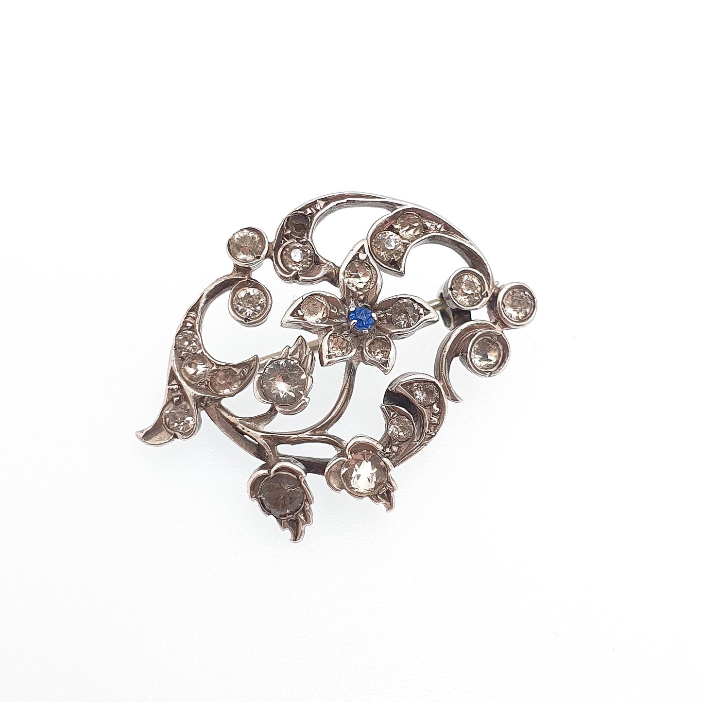 Antique Solid Silver Sapphire & Diamond Paste Brooch Victorian Art Nouveau Pin 1800s Sparkly Vintage Womens Jewelry Jewellery