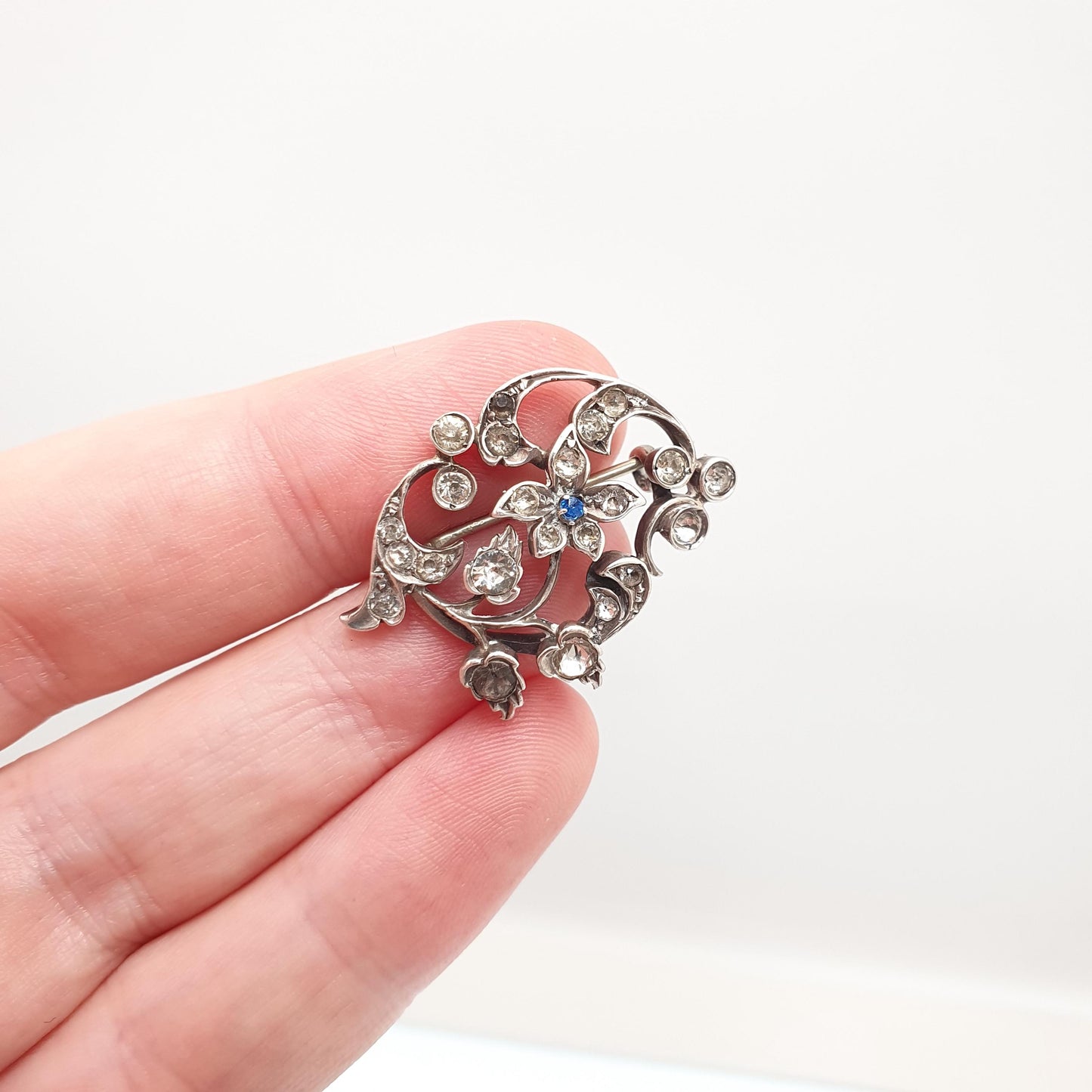 Antique Solid Silver Sapphire & Diamond Paste Brooch Victorian Art Nouveau Pin 1800s Sparkly Vintage Womens Jewelry Jewellery