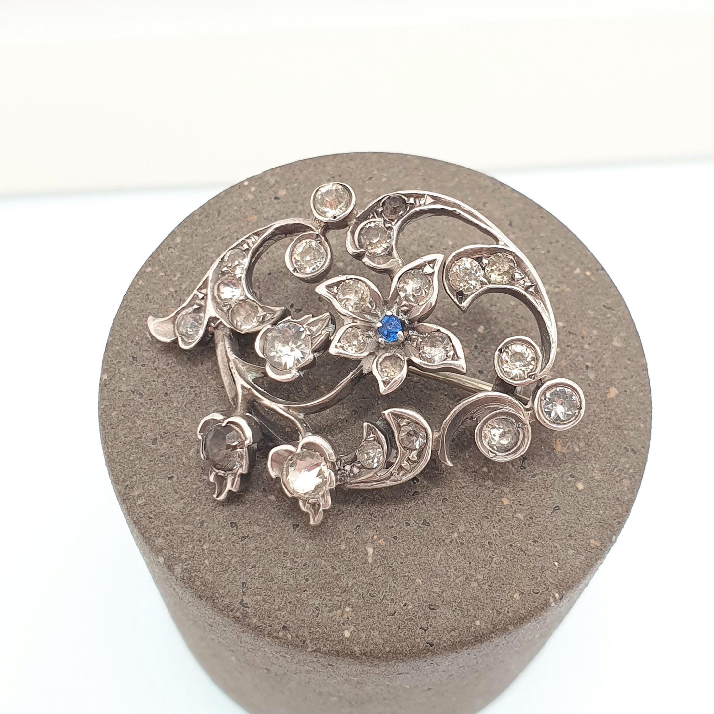 Antique Solid Silver Sapphire & Diamond Paste Brooch Victorian Art Nouveau Pin 1800s Sparkly Vintage Womens Jewelry Jewellery