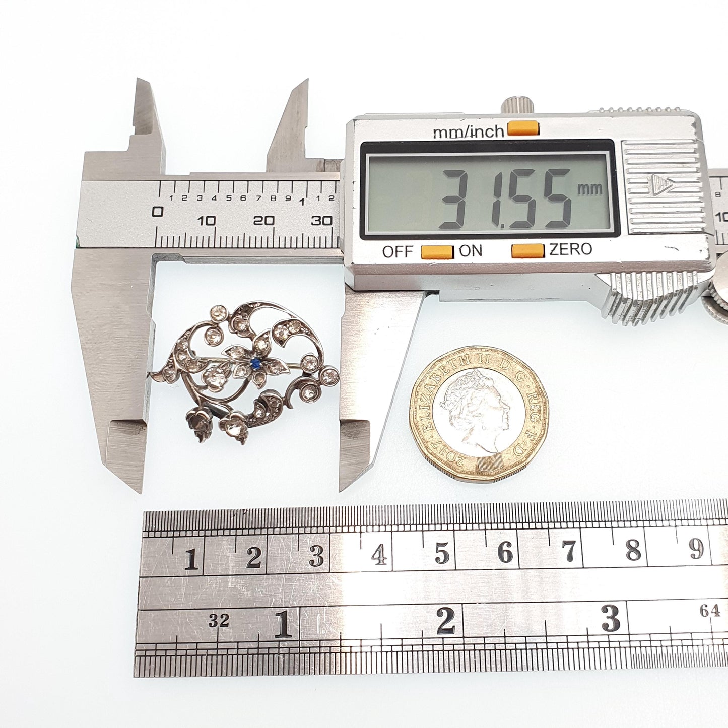 Antique Solid Silver Sapphire & Diamond Paste Brooch Victorian Art Nouveau Pin 1800s Sparkly Vintage Womens Jewelry Jewellery