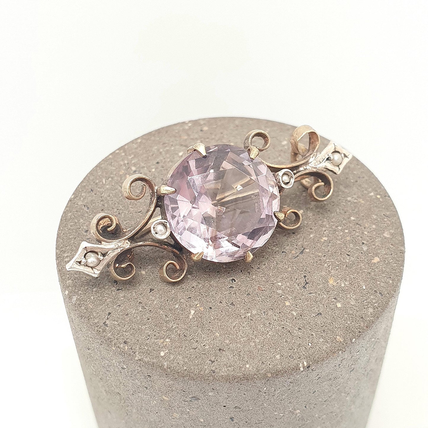 Antique Victorian Natural Amethyst Brooch Pin Seed Pearl Gold Tone Genuine Gemstone Old Vintage 1800s Lilac Purple Womens Jewelry