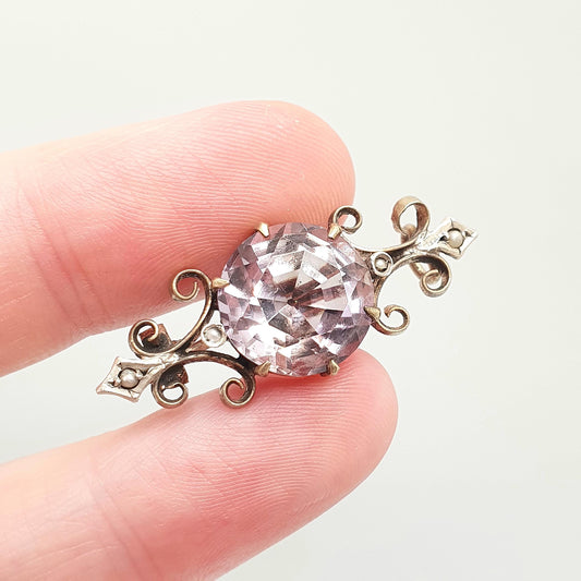 Antique Victorian Natural Amethyst Brooch Pin Seed Pearl Gold Tone Genuine Gemstone Old Vintage 1800s Lilac Purple Womens Jewelry