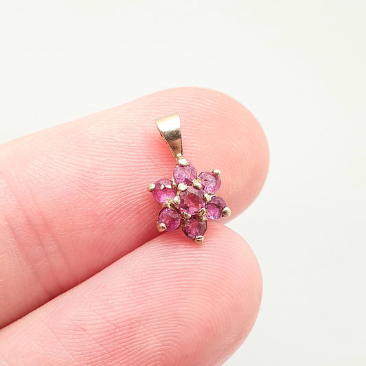 Vintage 9k 9ct Gold Ruby Necklace Pendant Tiny Cluster Small Flower Solid 375 Yellow Cute Ladies Womens Jewelry Retro Jewellery