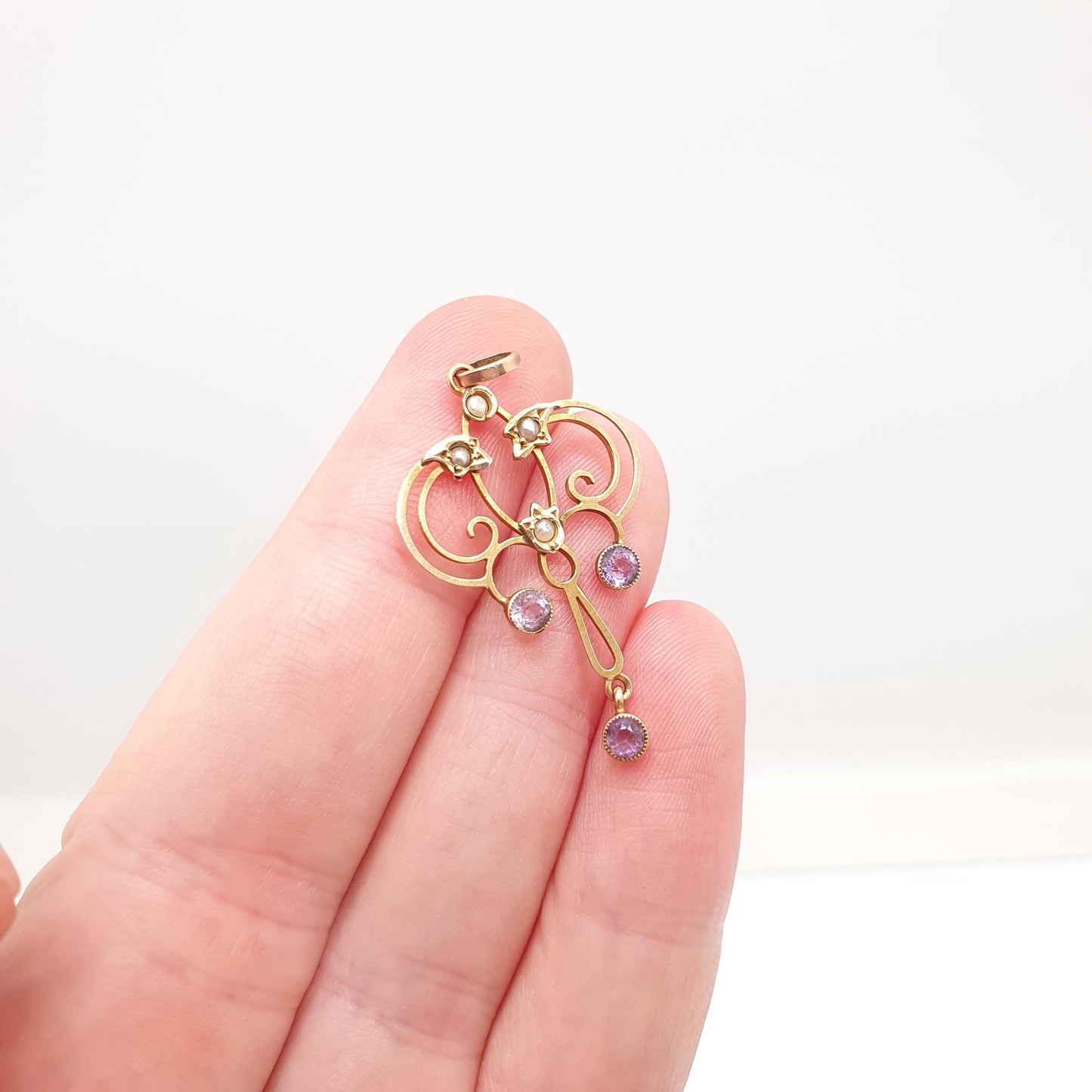 Antique 9ct Gold Amethyst Seed Pearl Pendant Necklace Brooch Edwardian Solid 375 Openwork Art Nouveau Vintage Jewellery Jewelry