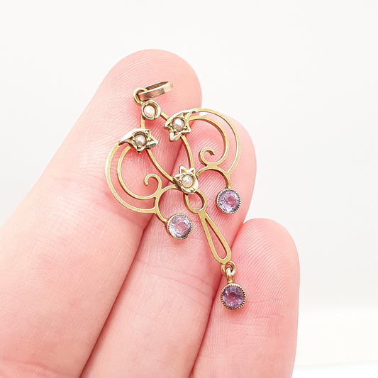 Antique 9ct Gold Amethyst Seed Pearl Pendant Necklace Brooch Edwardian Solid 375 Openwork Art Nouveau Vintage Jewellery Jewelry