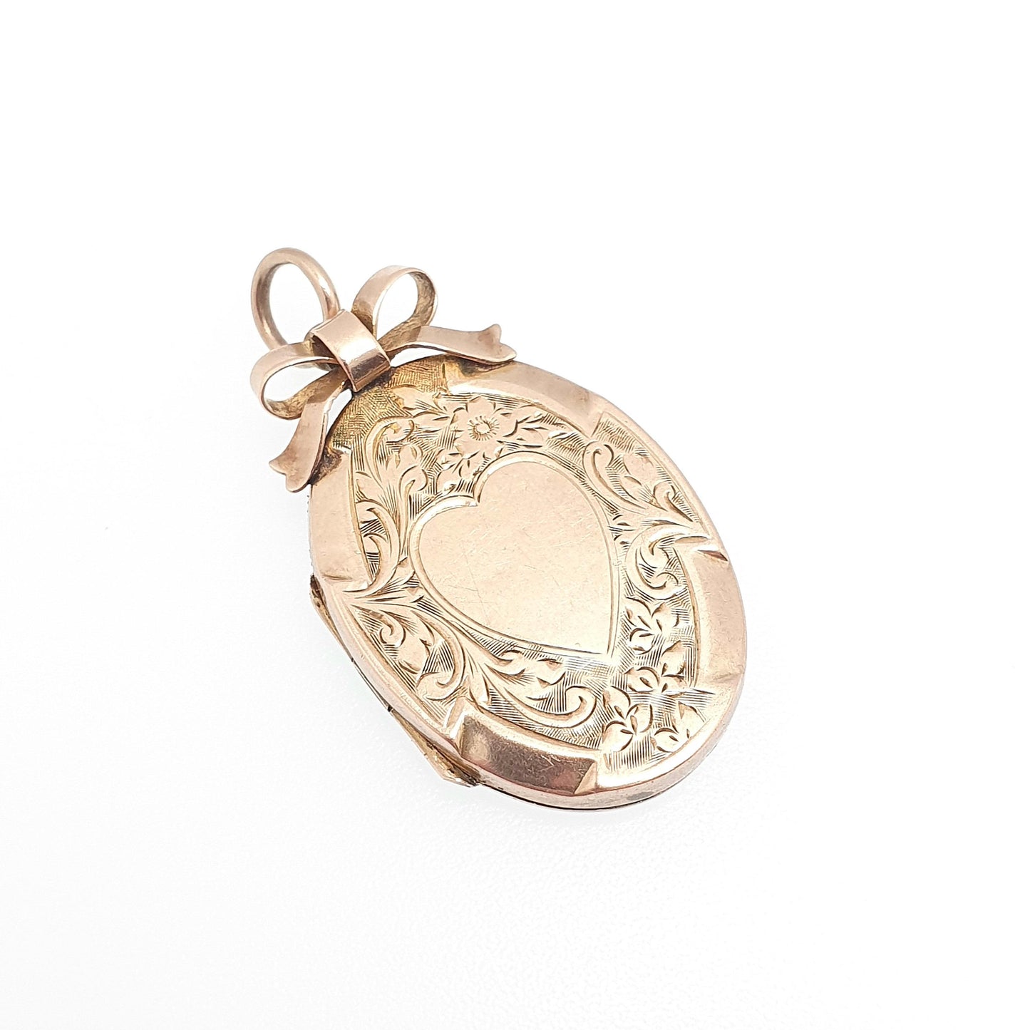 Antique 9ct 9k Gold Bow Locket Pendant Victorian Solid 375 Heart Engraved Back & Front Necklace Jewelry Jewellery