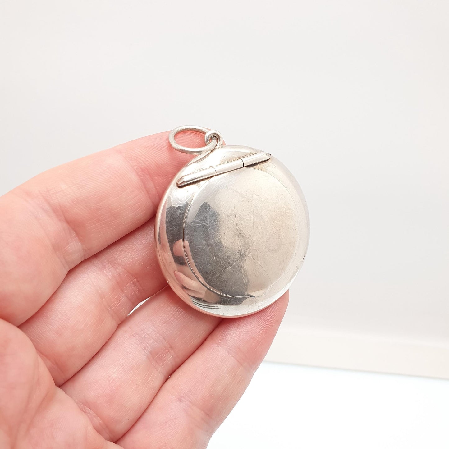 Antique Sterling Silver Powder Compact Locket Pendant Large Big Plain 1918 Hallmarked Round Vintage Solid 925 Womens Jewelry Jewellery