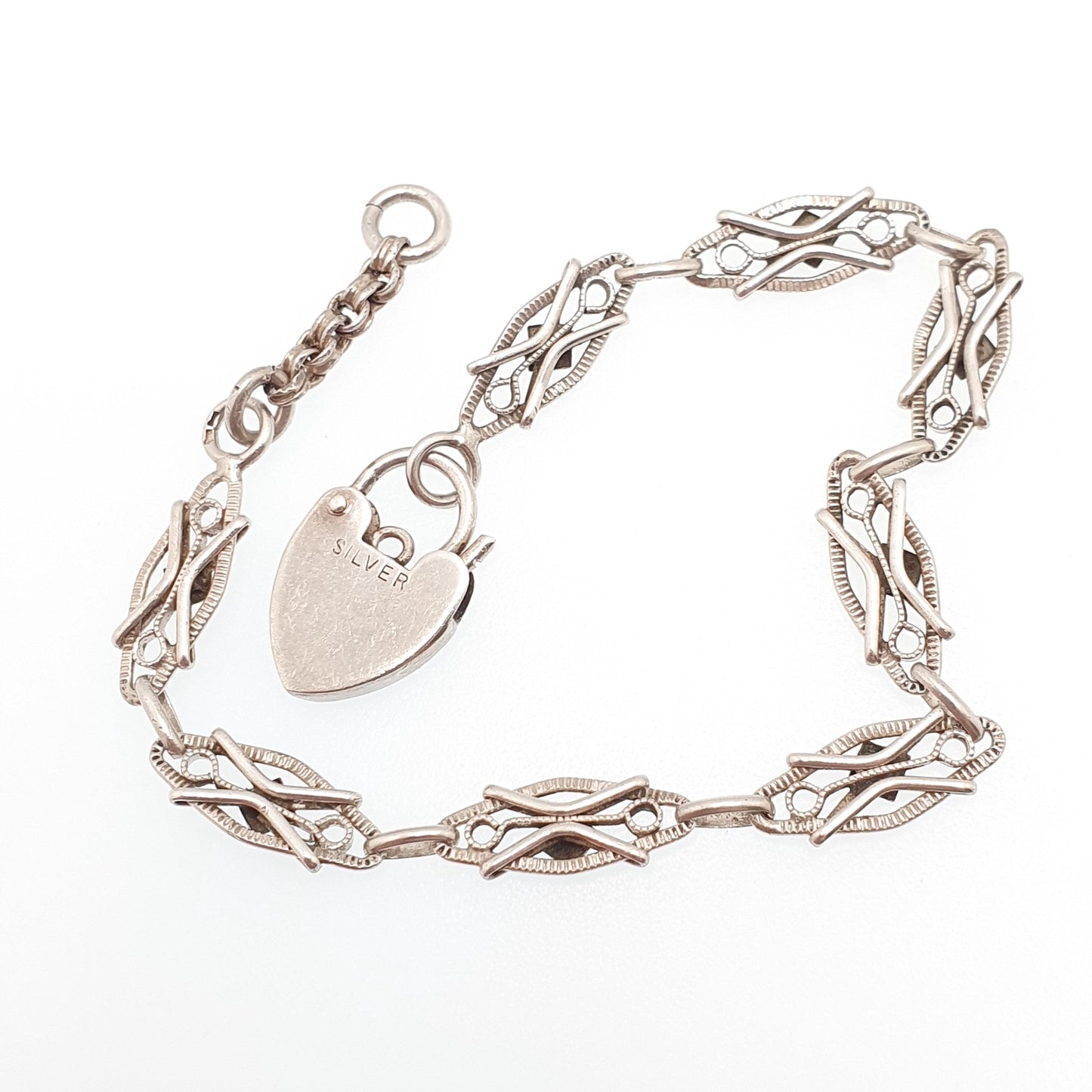 Antique Solid Silver Fancy Link Bracelet Padlock Lock Clasp French Victorian Rose Gold Highlights 14.97g 21.5cm Vintage Womens Mens Jewelry