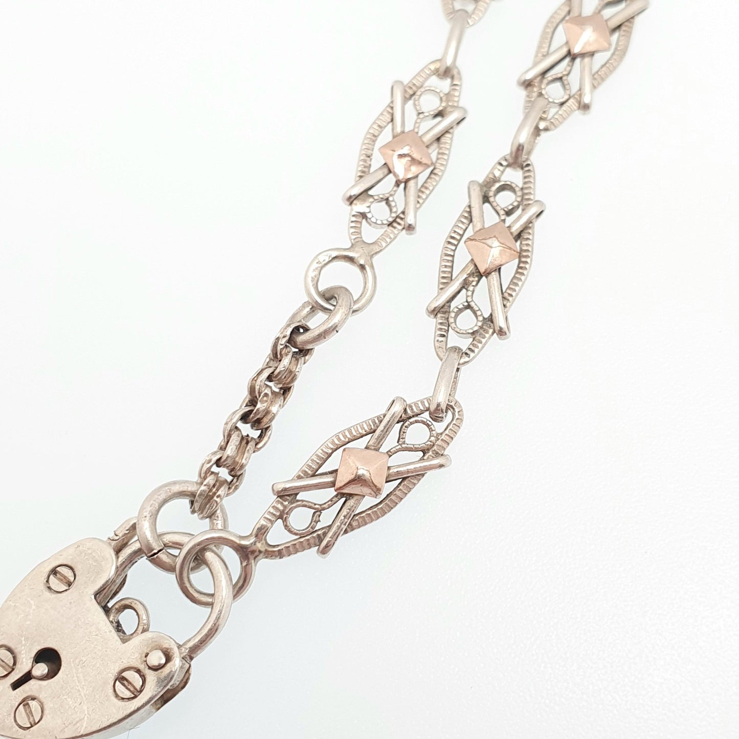 Antique Solid Silver Fancy Link Bracelet Padlock Lock Clasp French Victorian Rose Gold Highlights 14.97g 21.5cm Vintage Womens Mens Jewelry