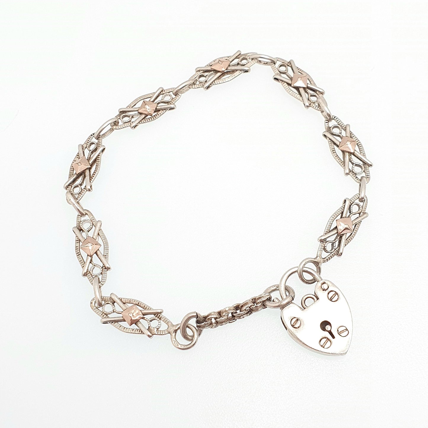 Antique Solid Silver Fancy Link Bracelet Padlock Lock Clasp French Victorian Rose Gold Highlights 14.97g 21.5cm Vintage Womens Mens Jewelry