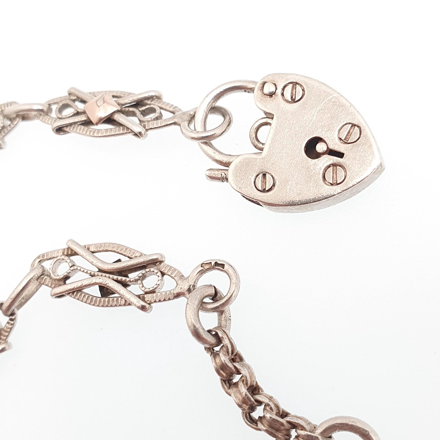 Antique Solid Silver Fancy Link Bracelet Padlock Lock Clasp French Victorian Rose Gold Highlights 14.97g 21.5cm Vintage Womens Mens Jewelry