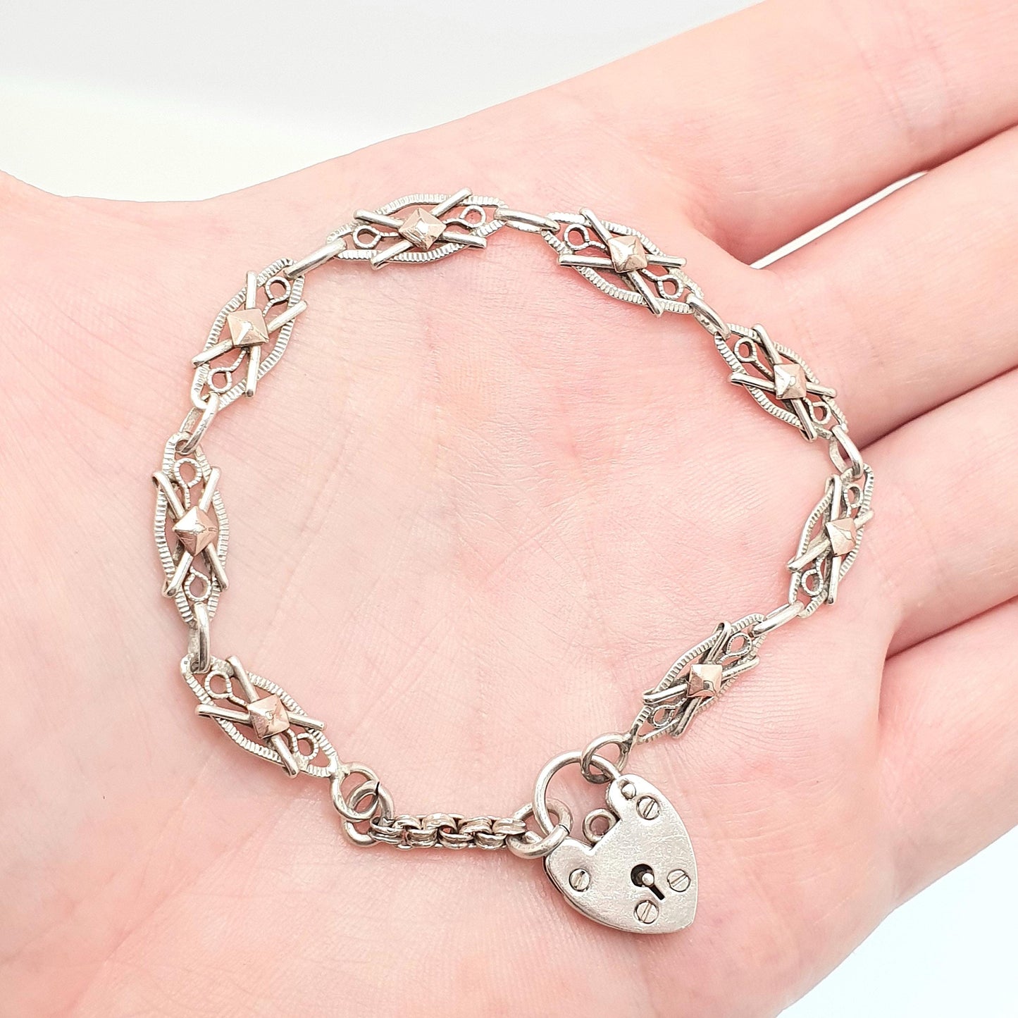 Antique Solid Silver Fancy Link Bracelet Padlock Lock Clasp French Victorian Rose Gold Highlights 14.97g 21.5cm Vintage Womens Mens Jewelry