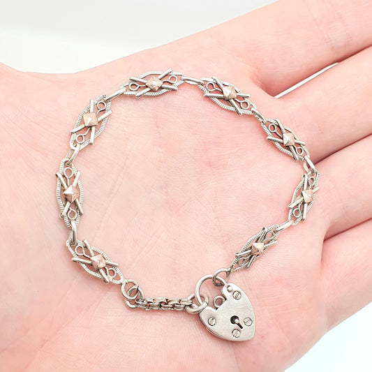 Antique Solid Silver Fancy Link Bracelet Padlock Lock Clasp French Victorian Rose Gold Highlights 14.97g 21.5cm Vintage Womens Mens Jewelry