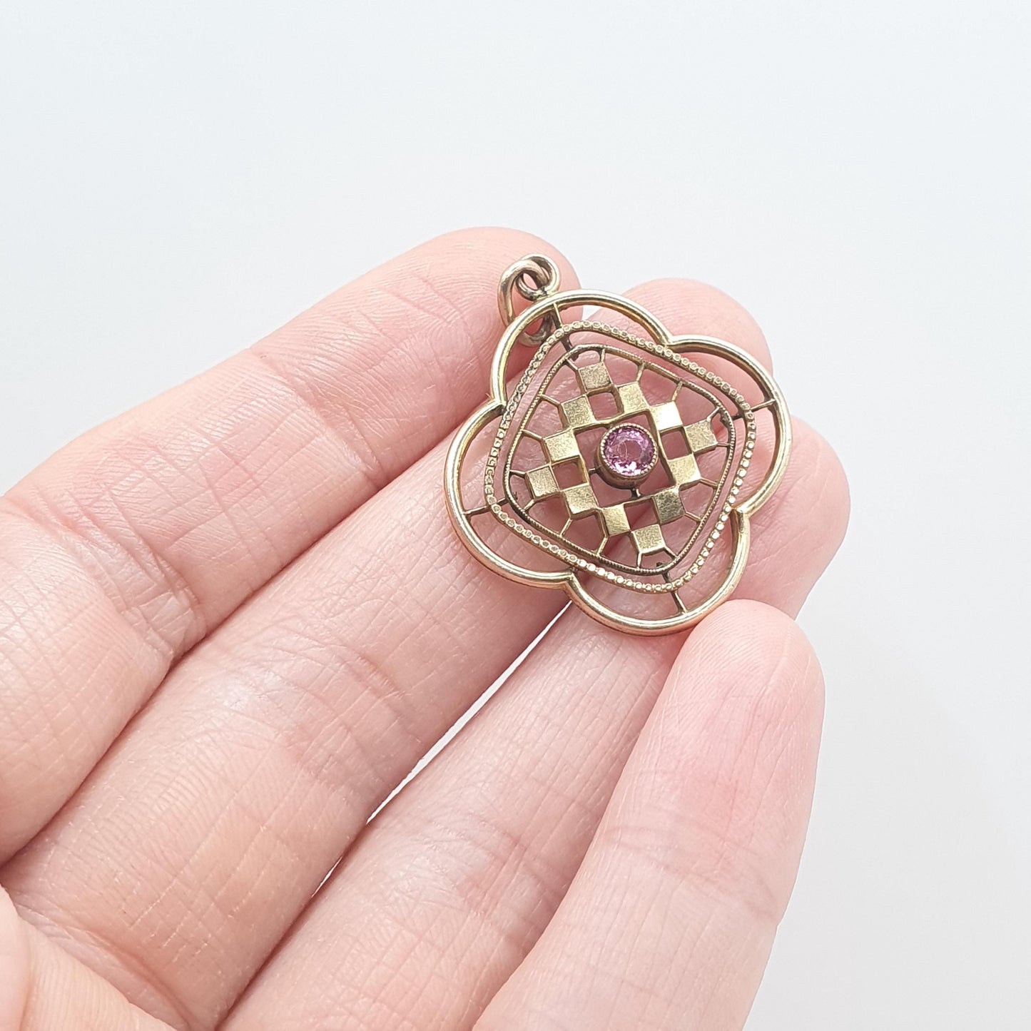 Antique Edwardian Rolled Gold Pink Paste Pendant Openwork Gold Filled Womens Vintage Jewellery Jewelry