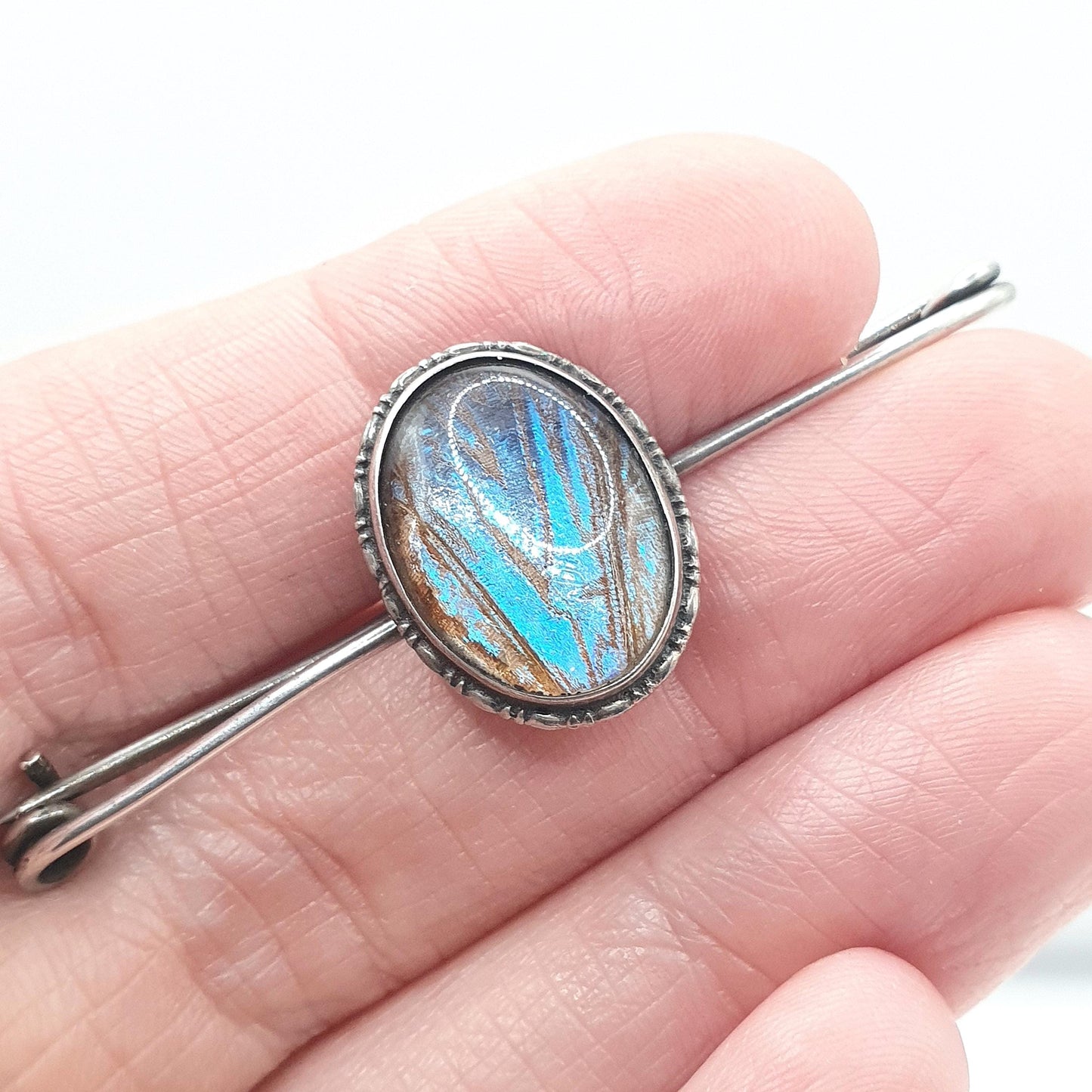 Antique Sterling Silver Blue Butterfly Wing Brooch Morpho Oval Safety Pin Womens Jewelry Vintage Insect Jewellery