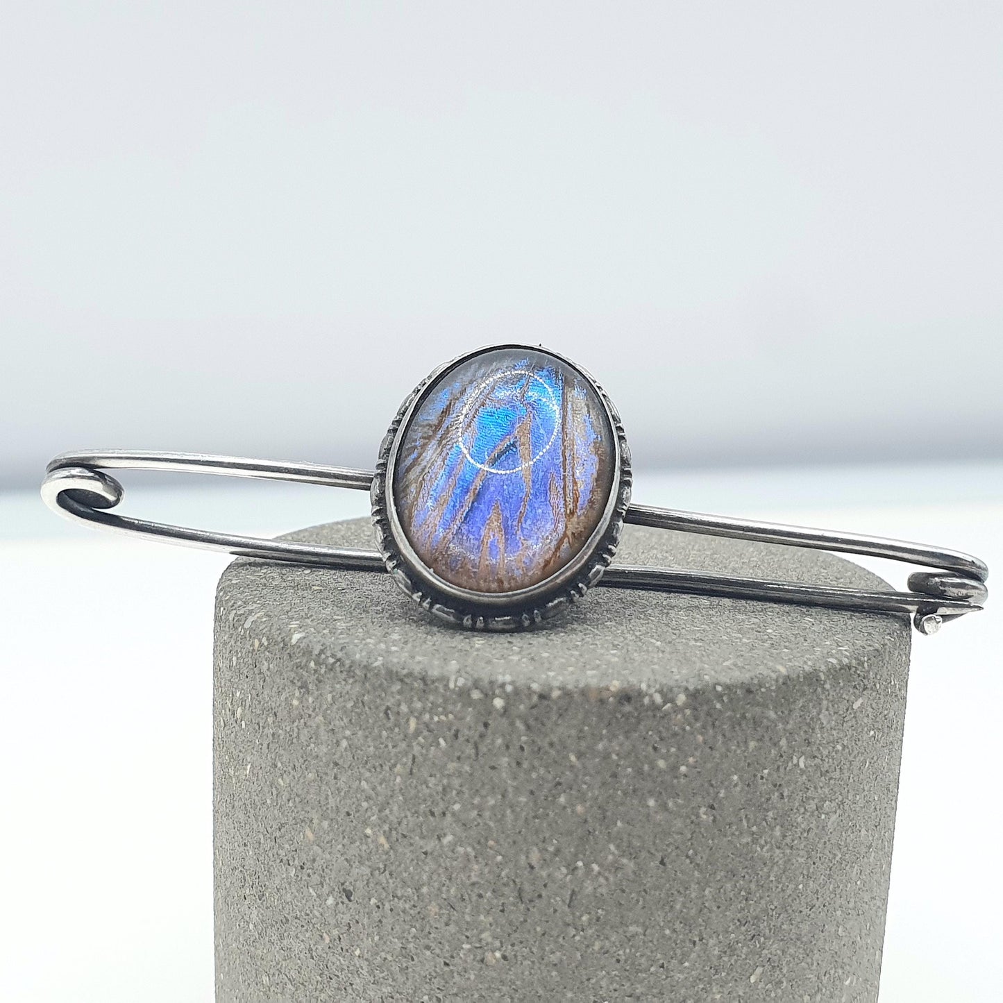 Antique Sterling Silver Blue Butterfly Wing Brooch Morpho Oval Safety Pin Womens Jewelry Vintage Insect Jewellery