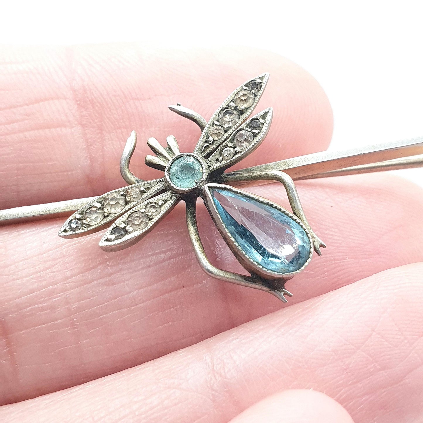 Antique Aquamarine & Diamond Paste Insect Brooch Bug Insect Silver Tone Base Metal Womens Jewelry Jewellery
