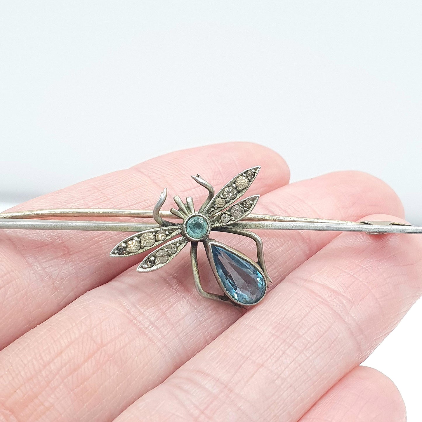 Antique Aquamarine & Diamond Paste Insect Brooch Bug Insect Silver Tone Base Metal Womens Jewelry Jewellery