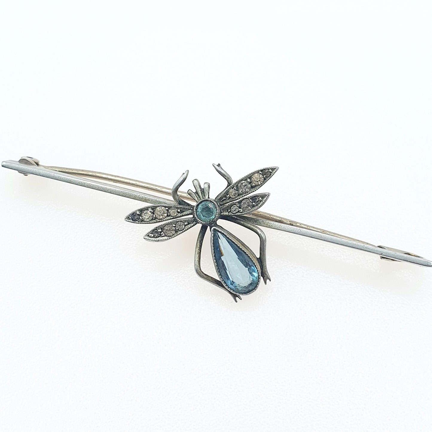 Antique Aquamarine & Diamond Paste Insect Brooch Bug Insect Silver Tone Base Metal Womens Jewelry Jewellery