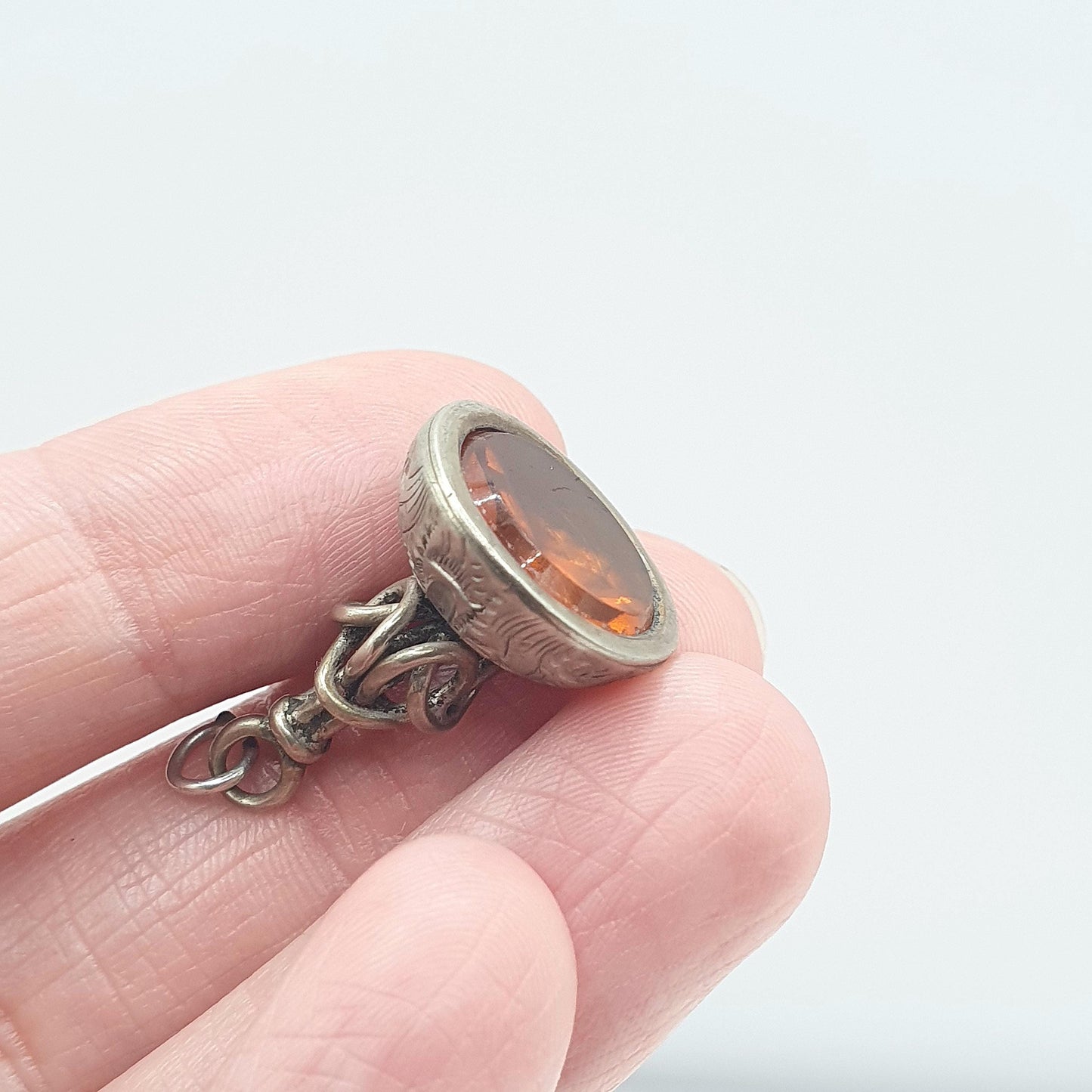 Antique Victorian Silver Tone Citrine Paste Pendant Fob Orange Knot Bail Vintage Womens Jewelry Jewellery