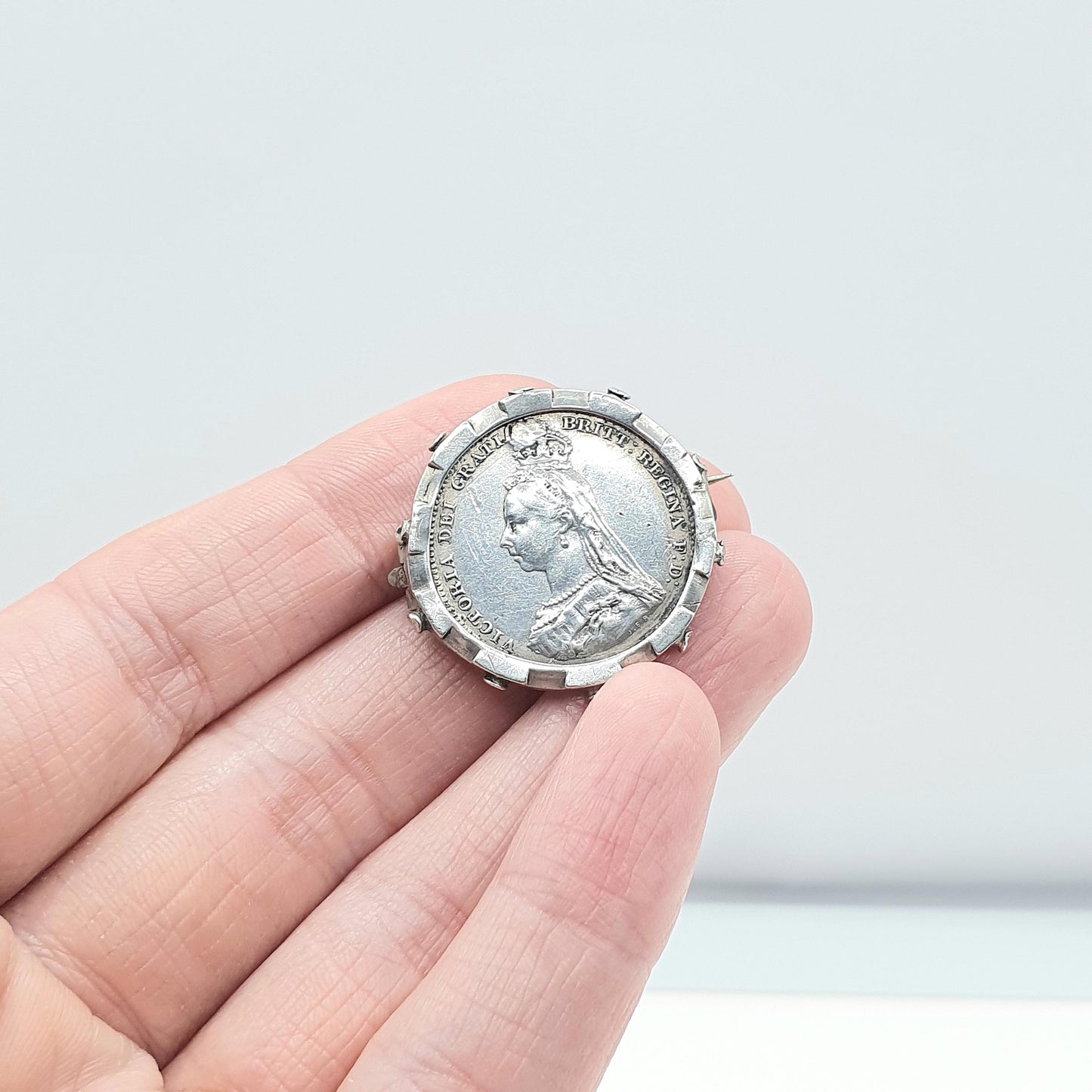 RESERVED/SOLD DON Antique Sterling Silver 1887 Coin Sixpence Brooch Queen Victoria Coins Unisex Womens Mens