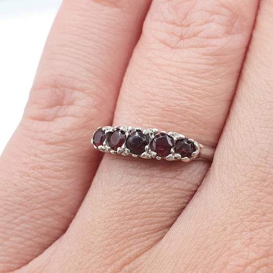 Vintage Sterling Silver Garnet Gypsy Ring Red Gemstone 5 Stone 1990s Retro Womens Jewellery Jewelry